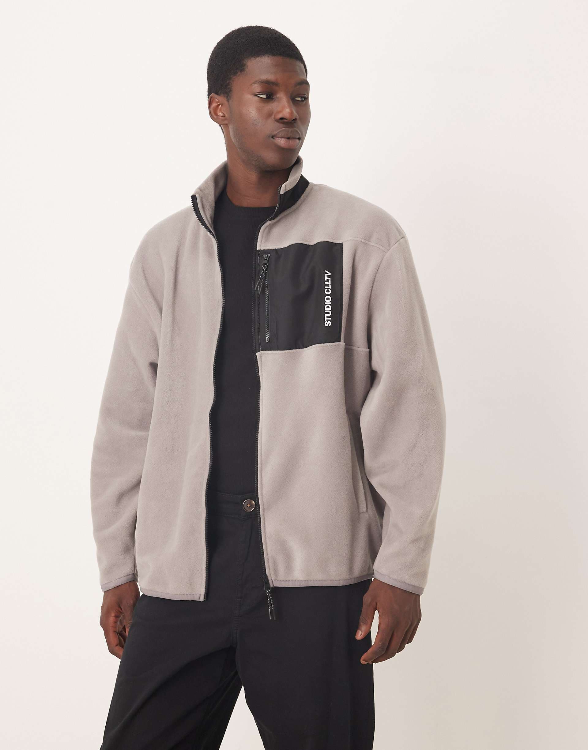ASOS DESIGN relaxed fleece zip through with nylon pocket in gray