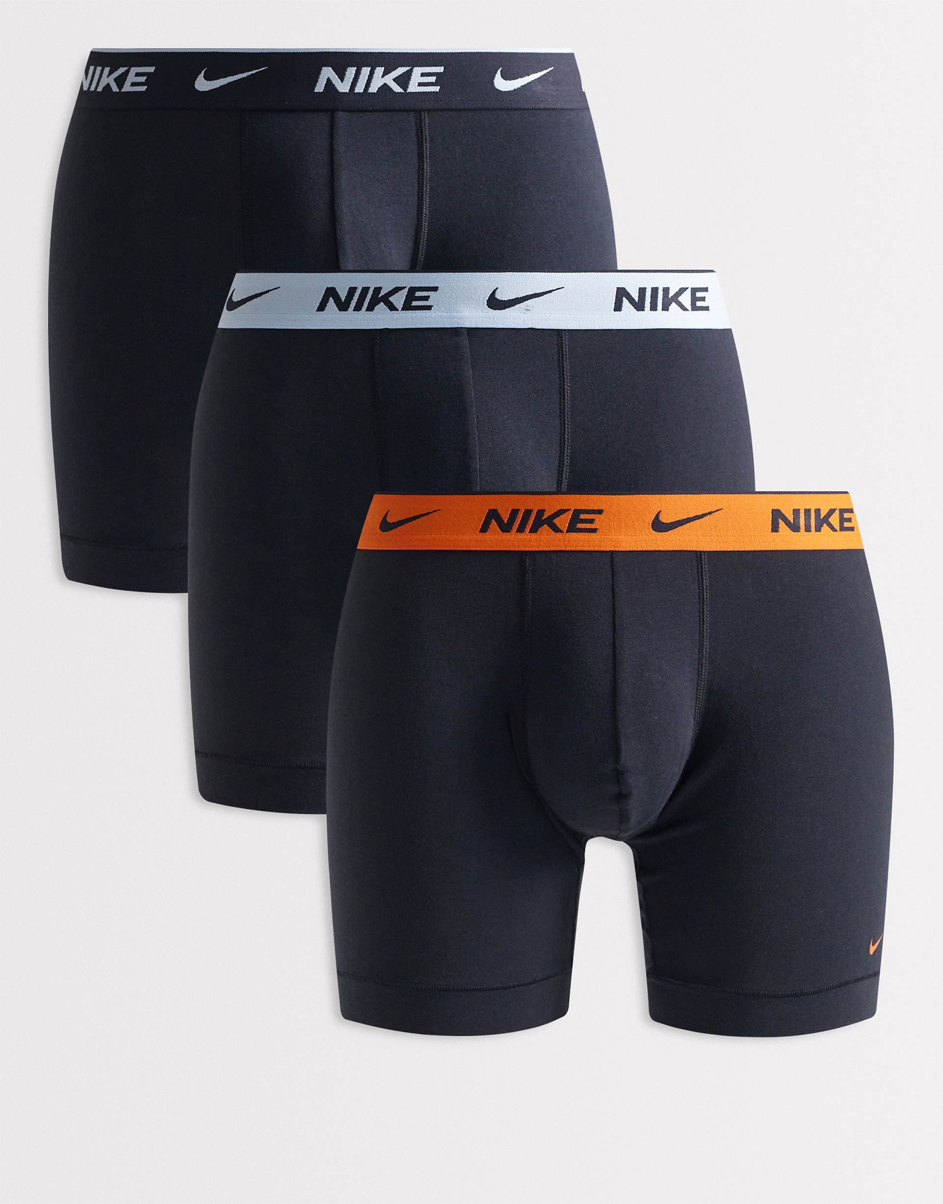 Nike Everyday Cotton Stretch 3 pack boxer briefs in black with colored waistband in blue/ orange/ black