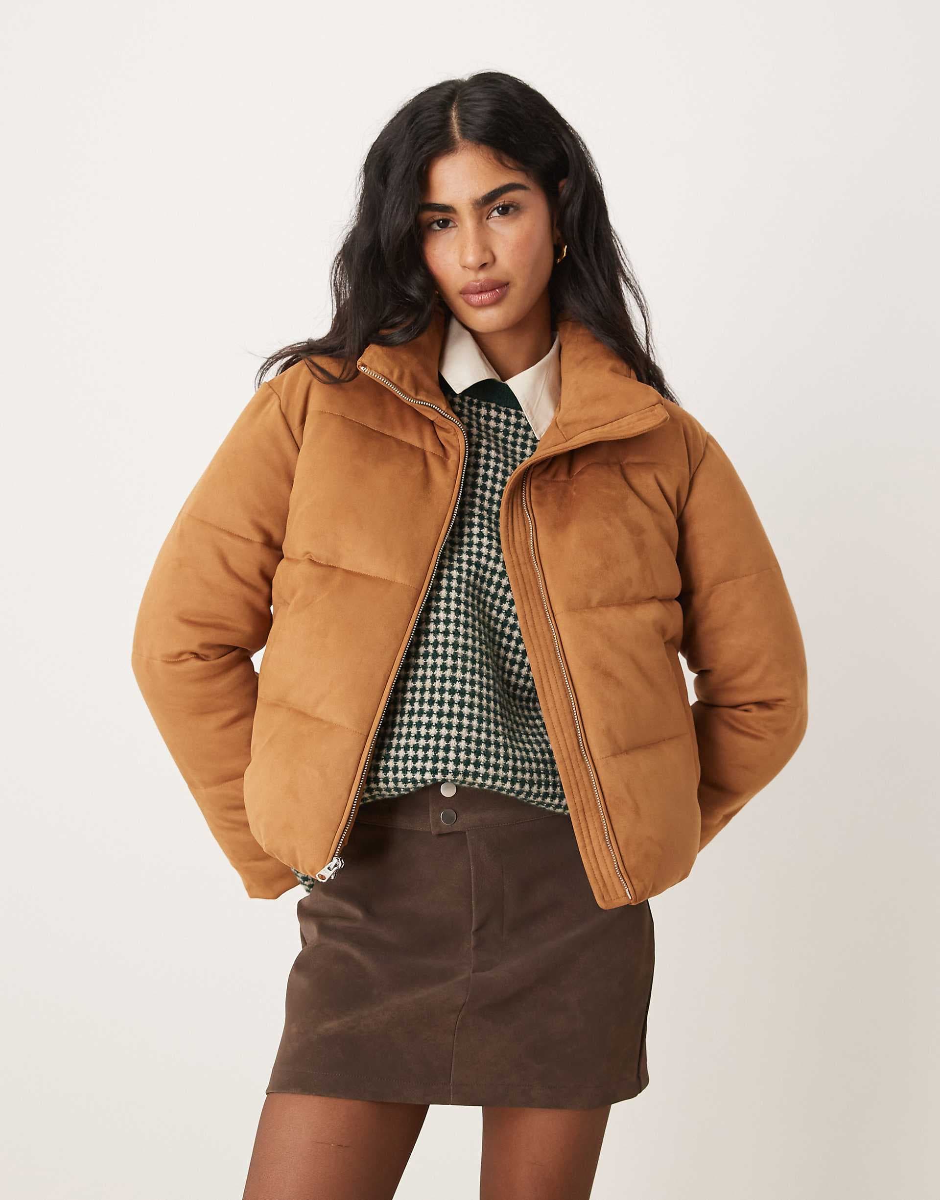 Abercrombie & Fitch faux suede short puffer jacket in camel