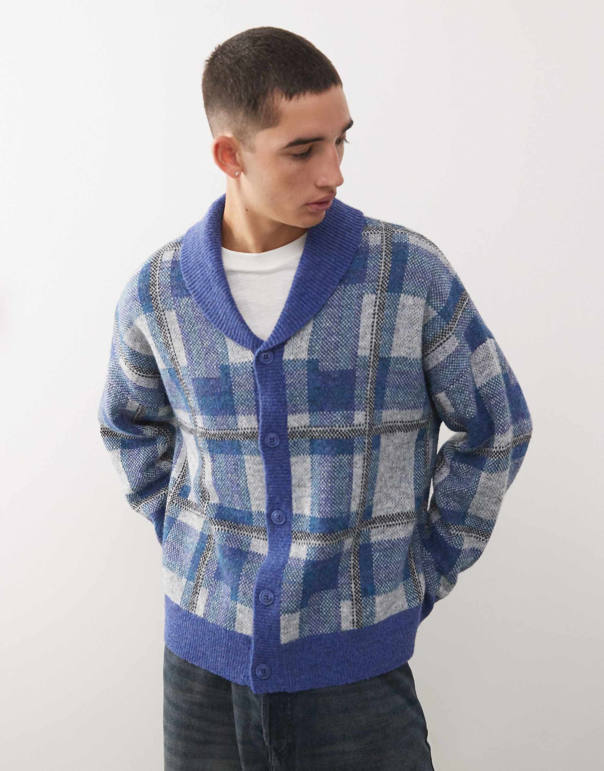 Reclaimed Vintage chunky neck knit cardigan in blue plaid
