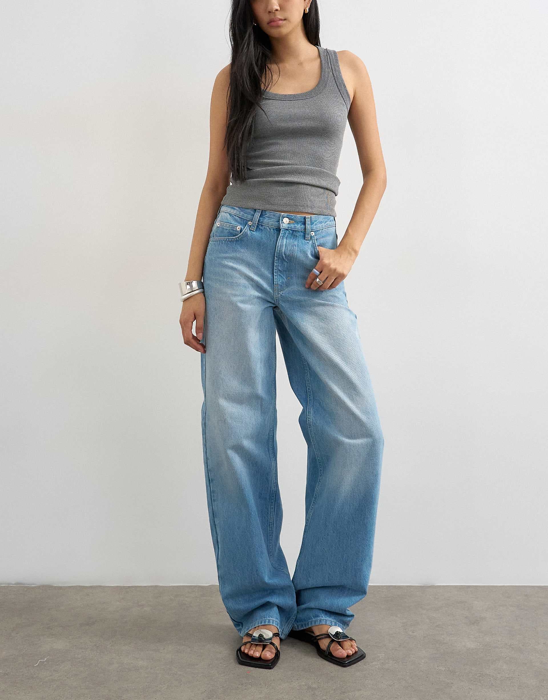 Topshop Tall Cinch low rise relaxed jeans in bleach