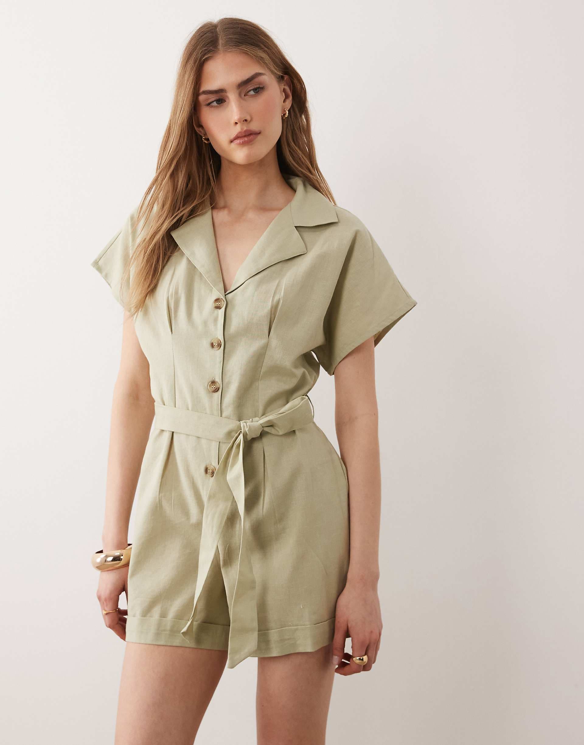 Wednesday's Girl button tie linen mix romper in sage green