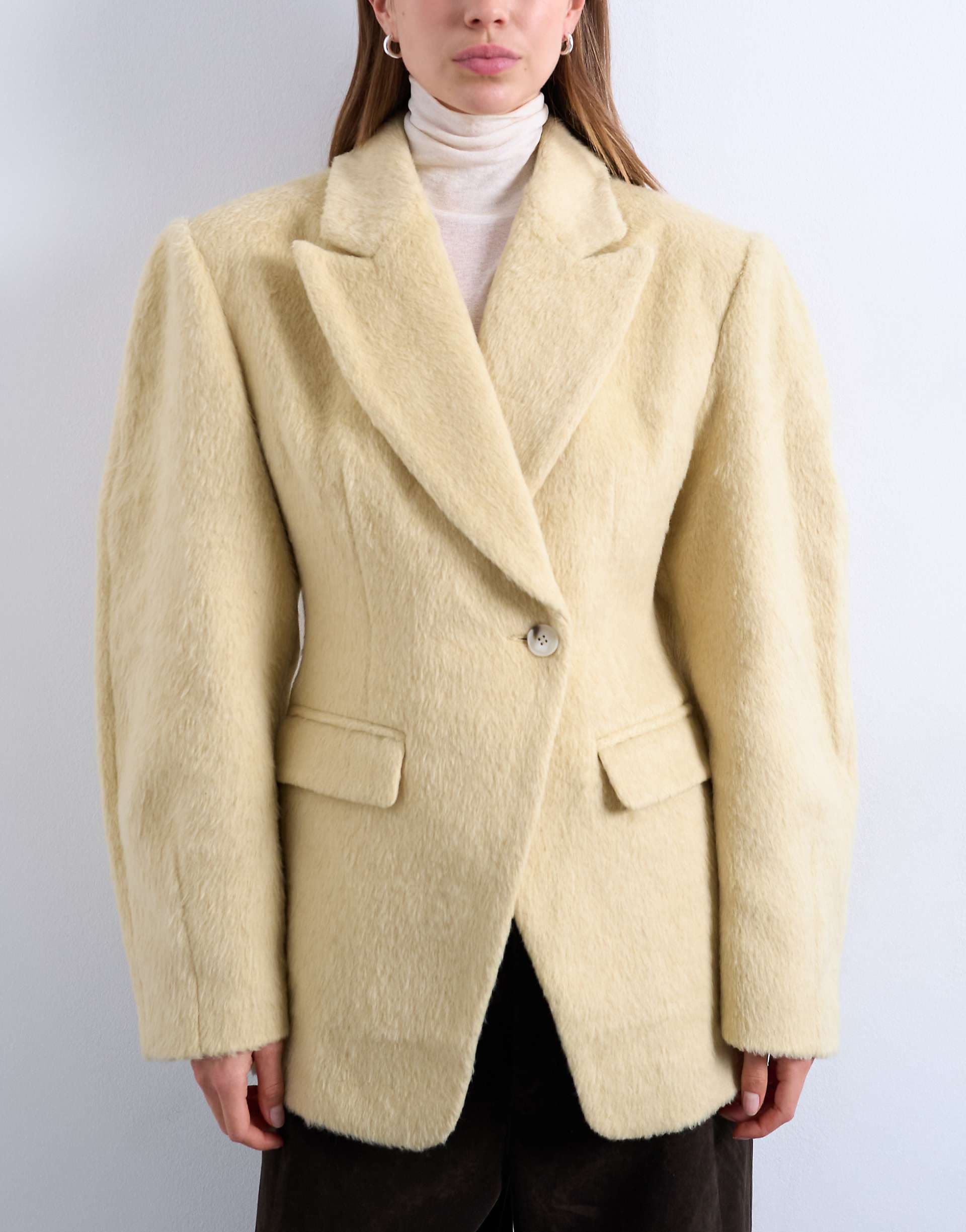 Topshop brushed ovoid sleeve cinched waist blazer coat in buttermilk