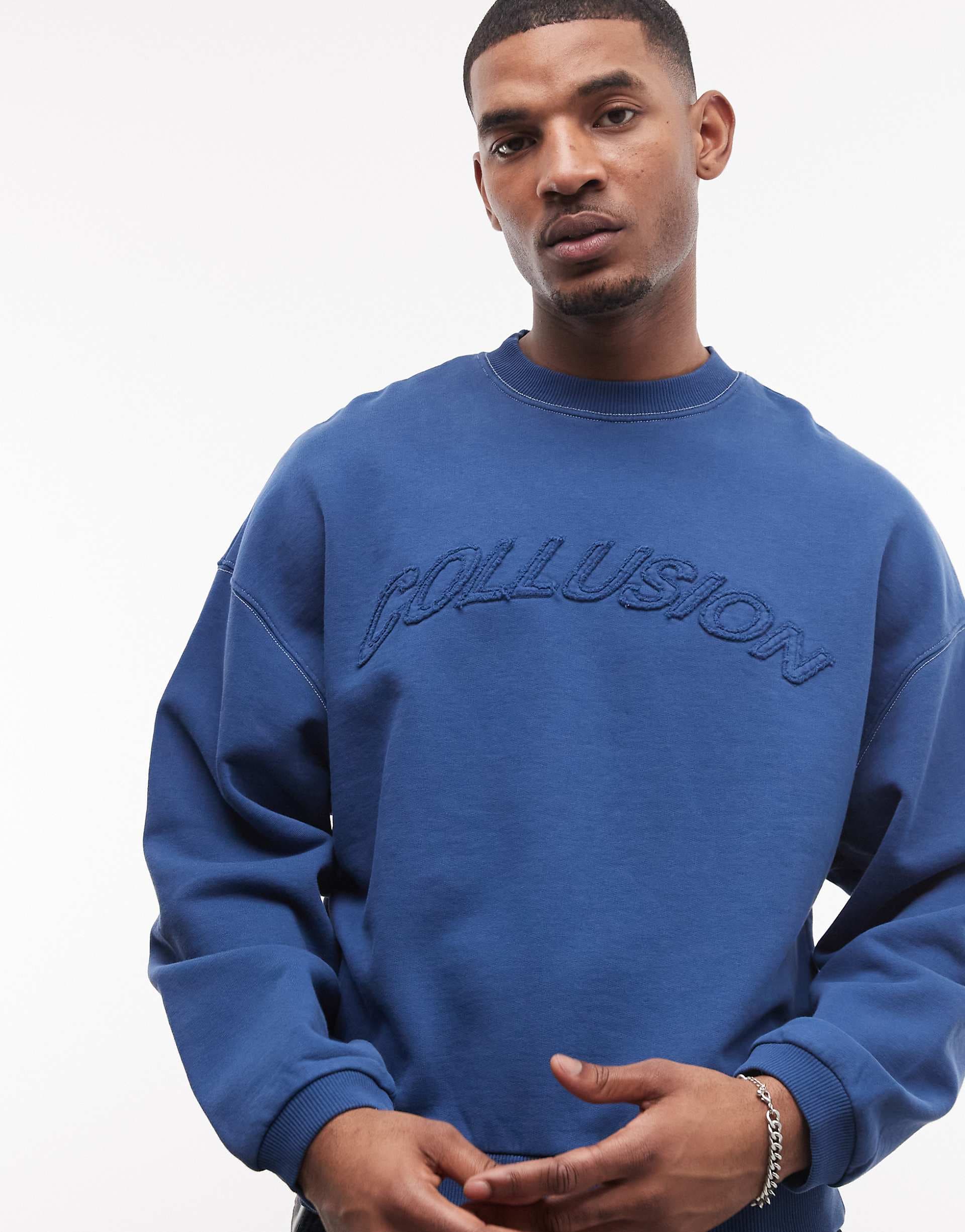 COLLUSION Logo boxy sweatshirt in blue with applique detail