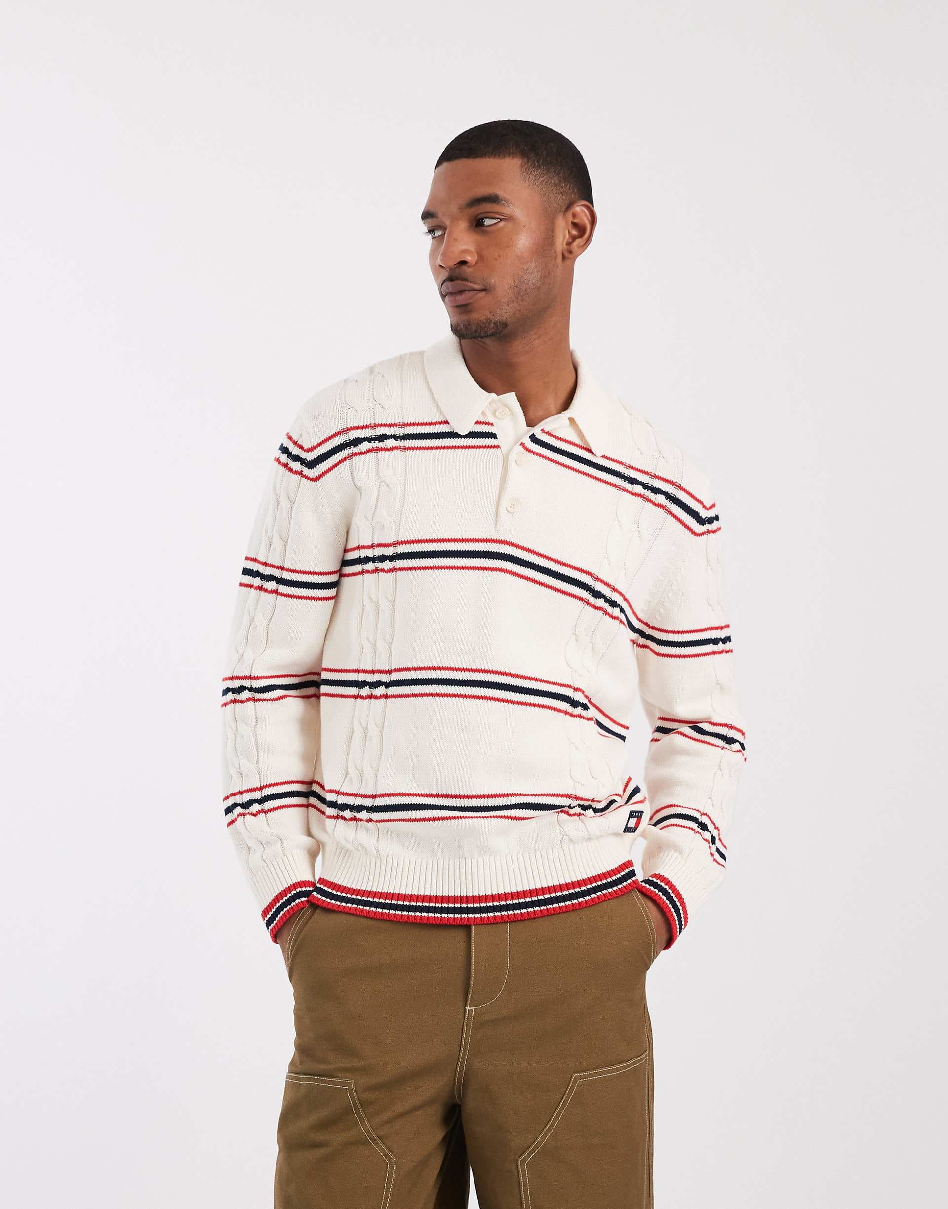 Tommy Jeans cable knit polo sweater in cream/red stripes