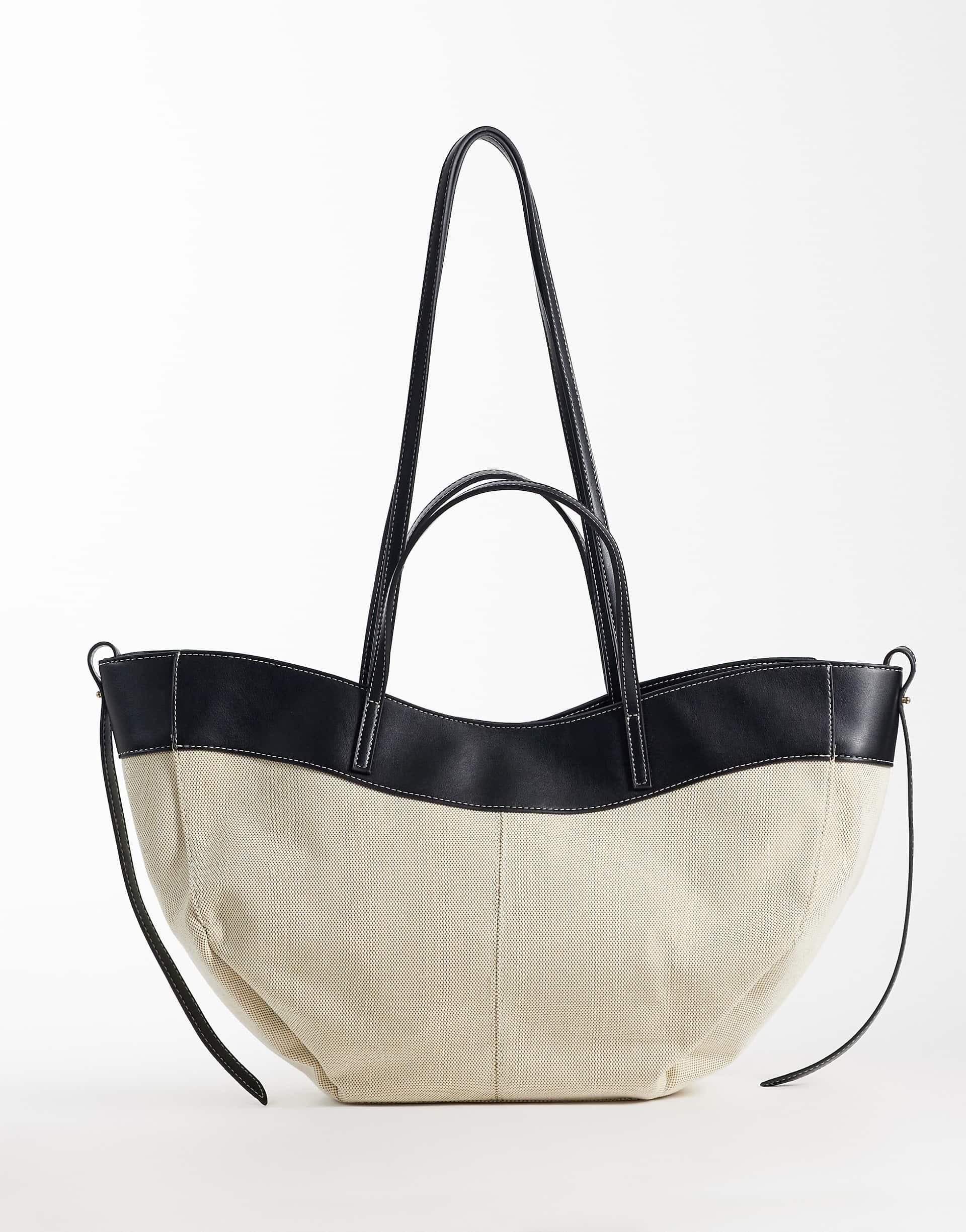 Gina Tricot canvas tote bag with faux leather trim in off white and black