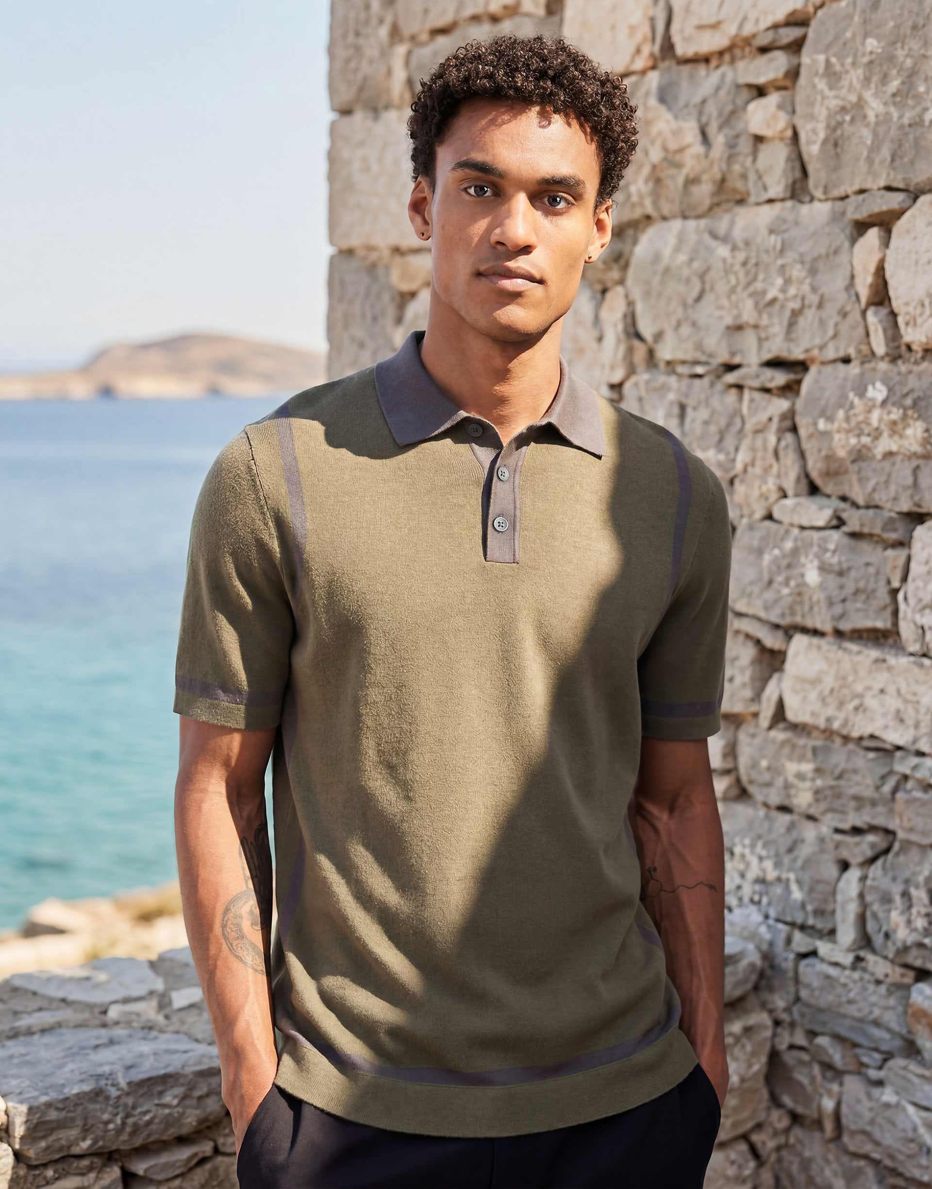 ASOS DESIGN knit polo with panel detail in khaki and gray