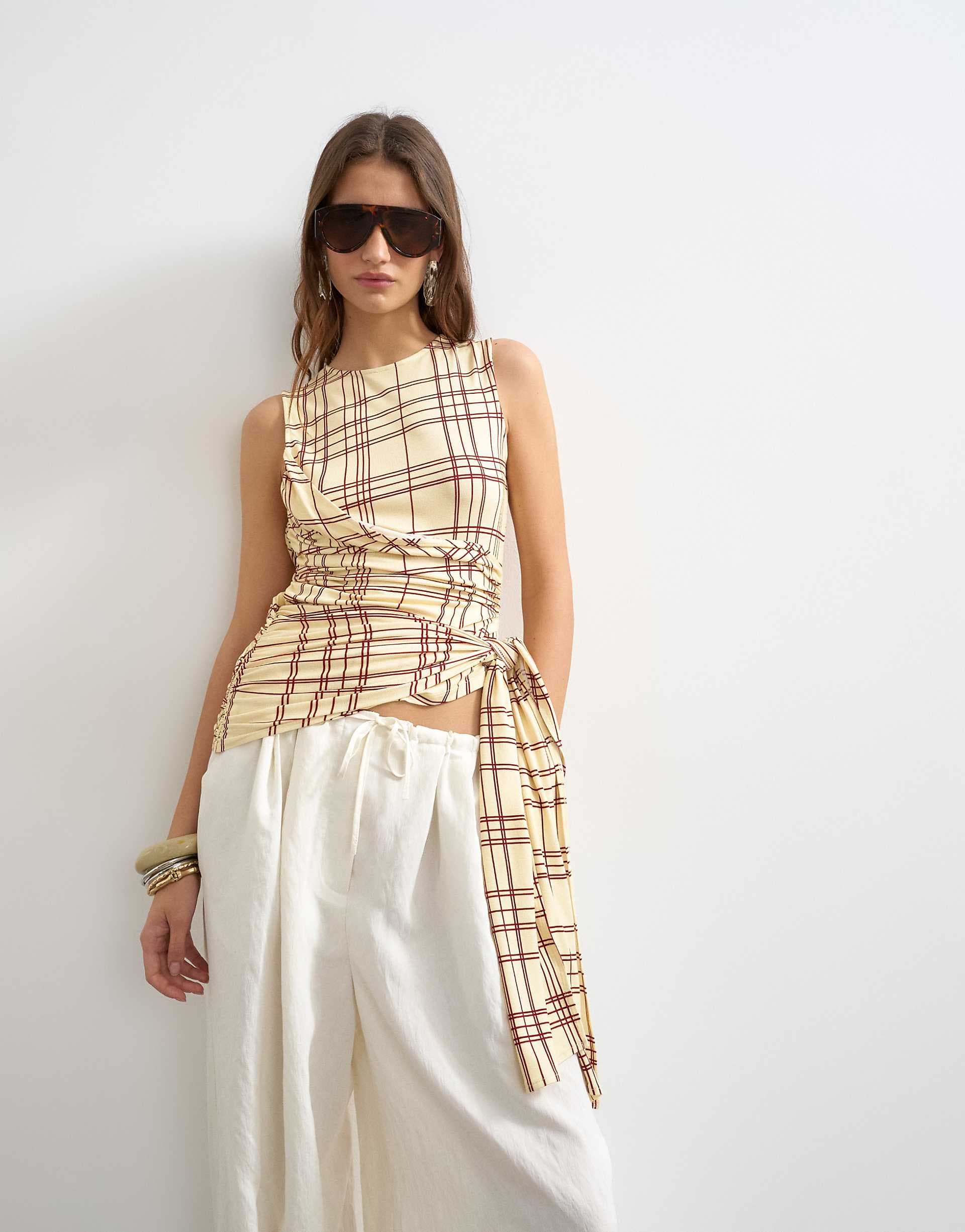 Topshop plaid wrap drape tank with tie in buttermilk