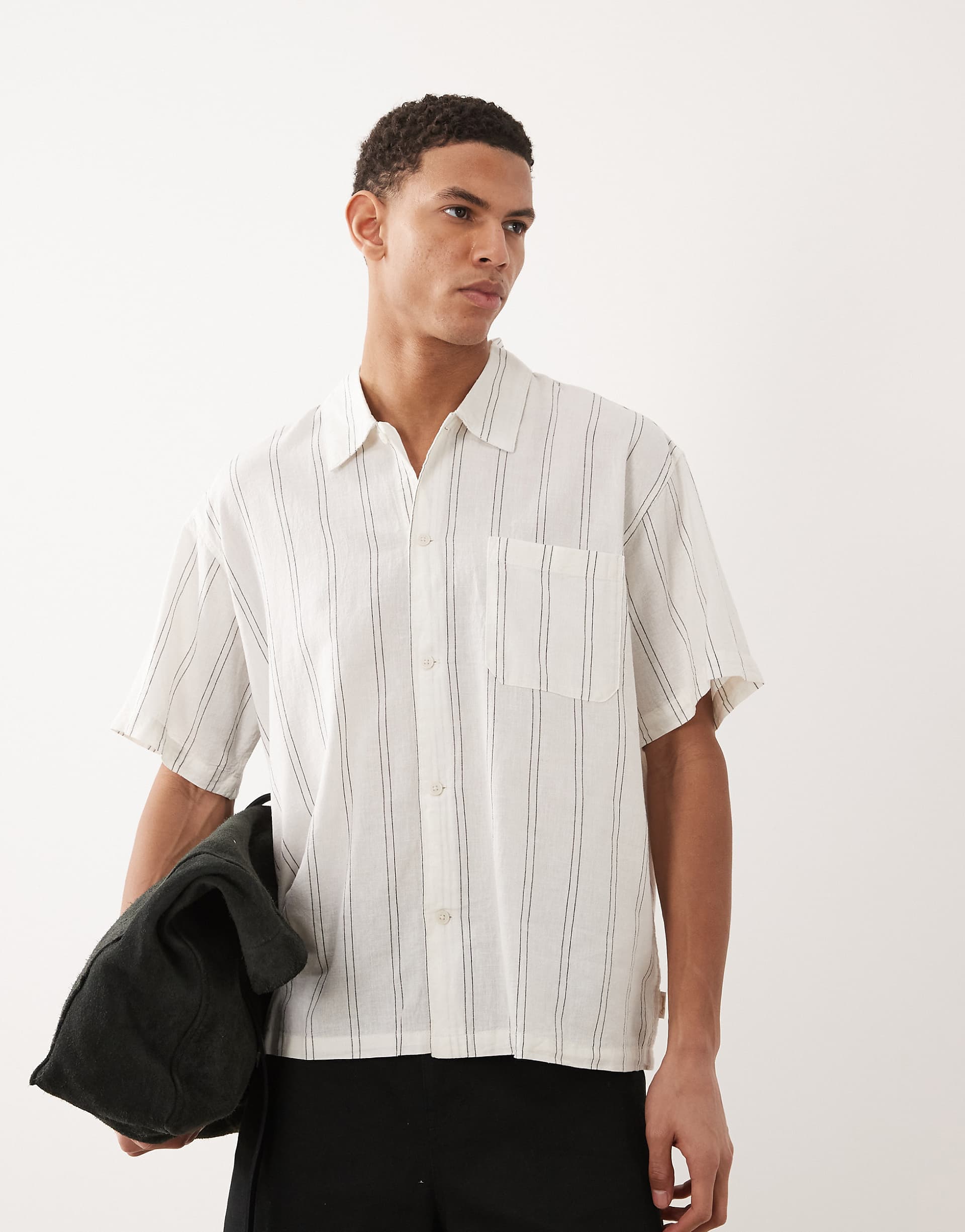 Jack & Jones linen blend cropped short sleeve striped shirt in cream