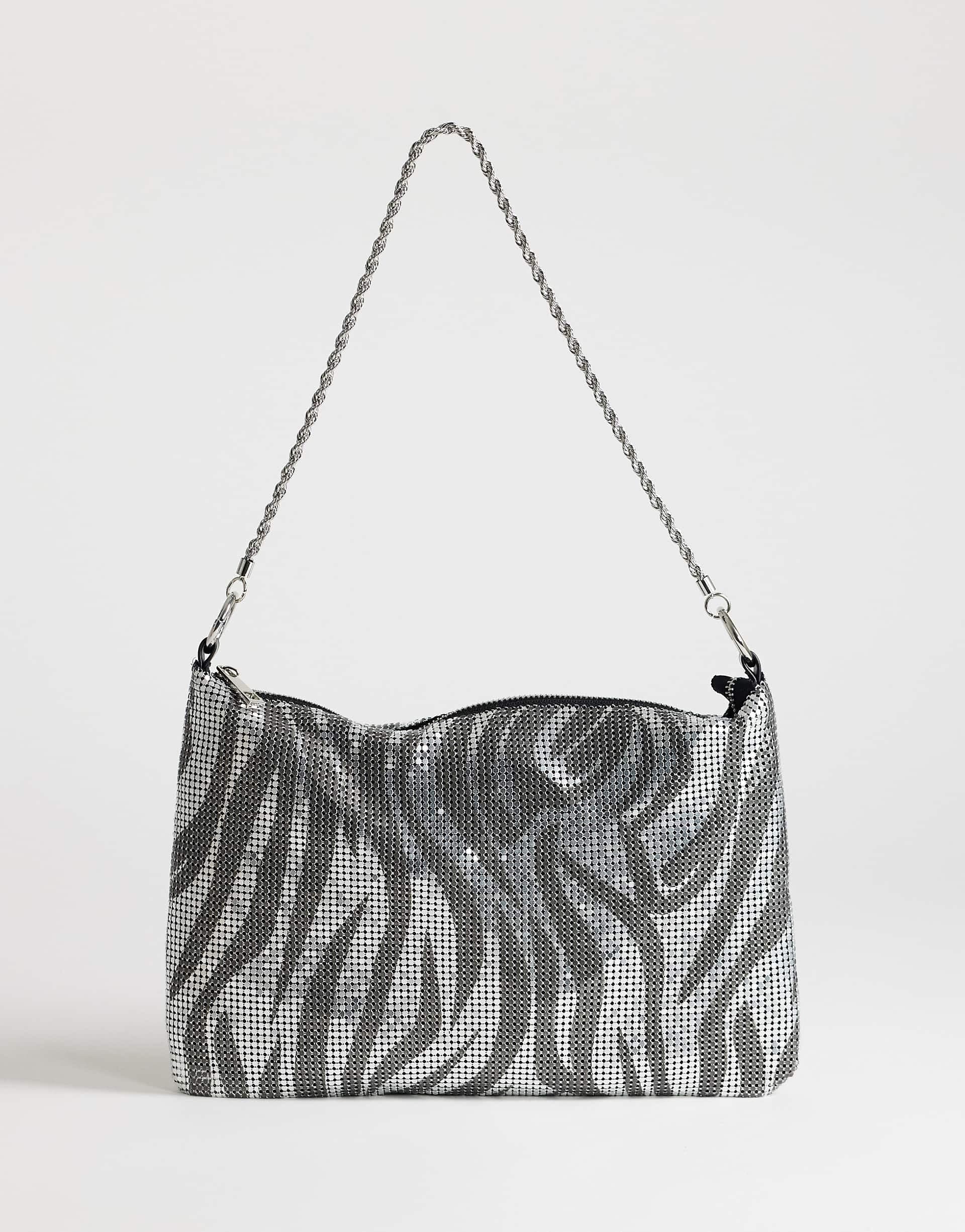 Topshop Jackson embellished small shoulder bag in silver & gray tiger