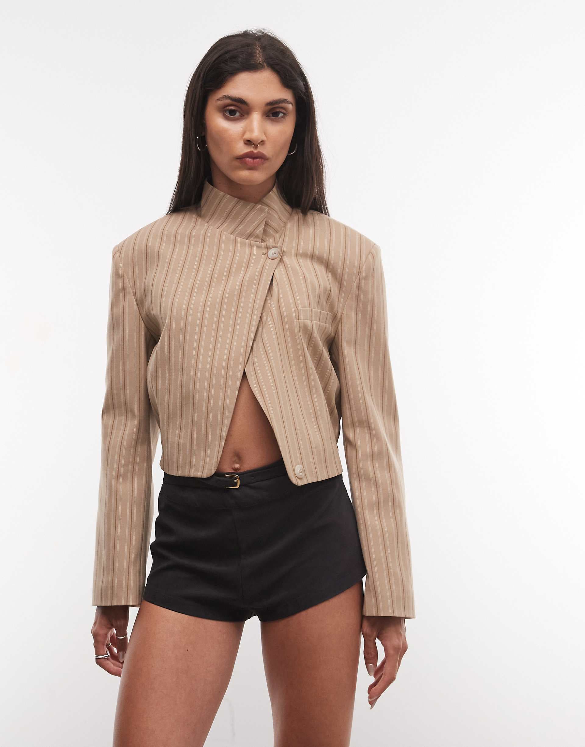 ASOS DESIGN wrap neck crop blazer jacket in beige striped print
