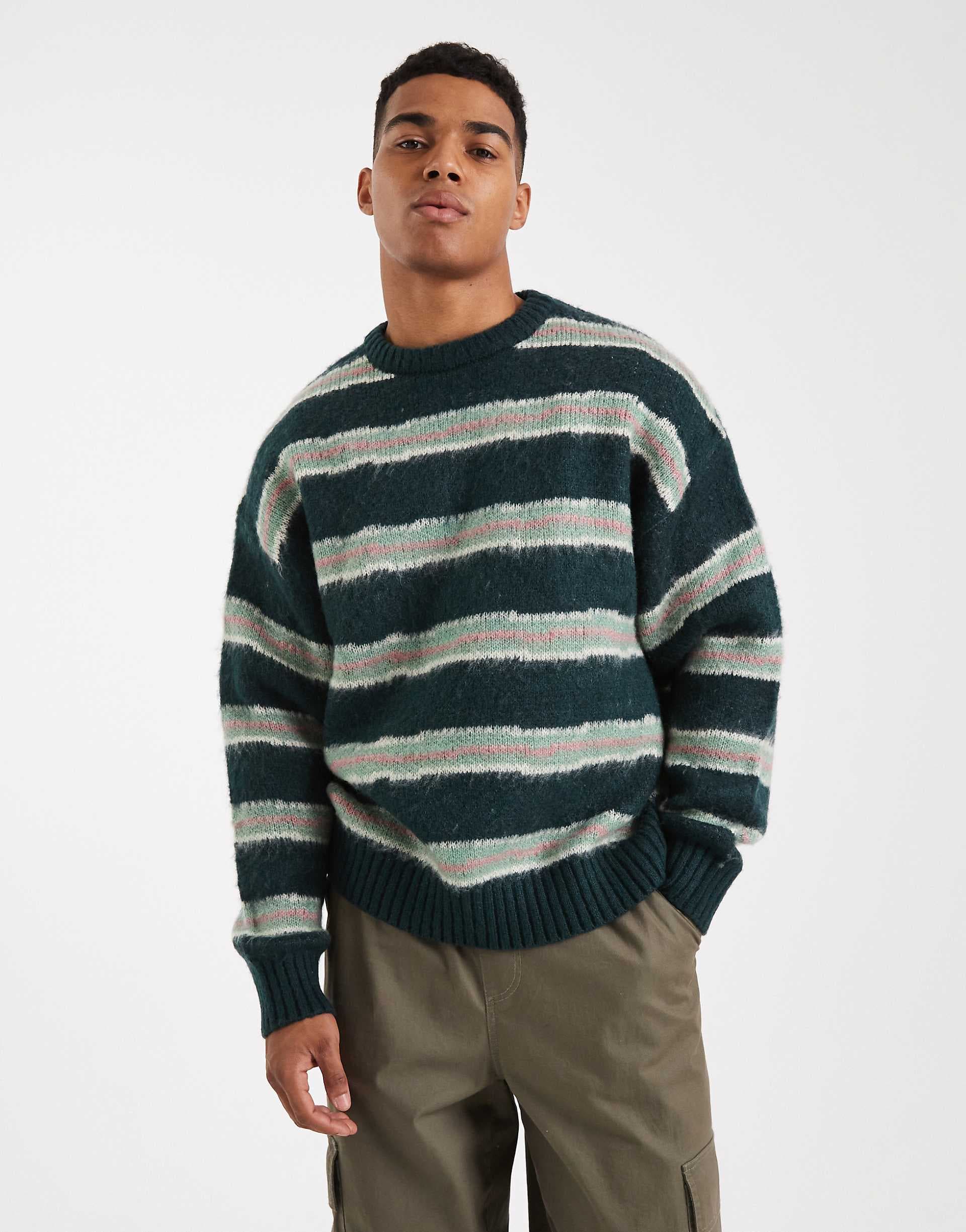 Cotton On box fit fuzzy crew knit in green stripe