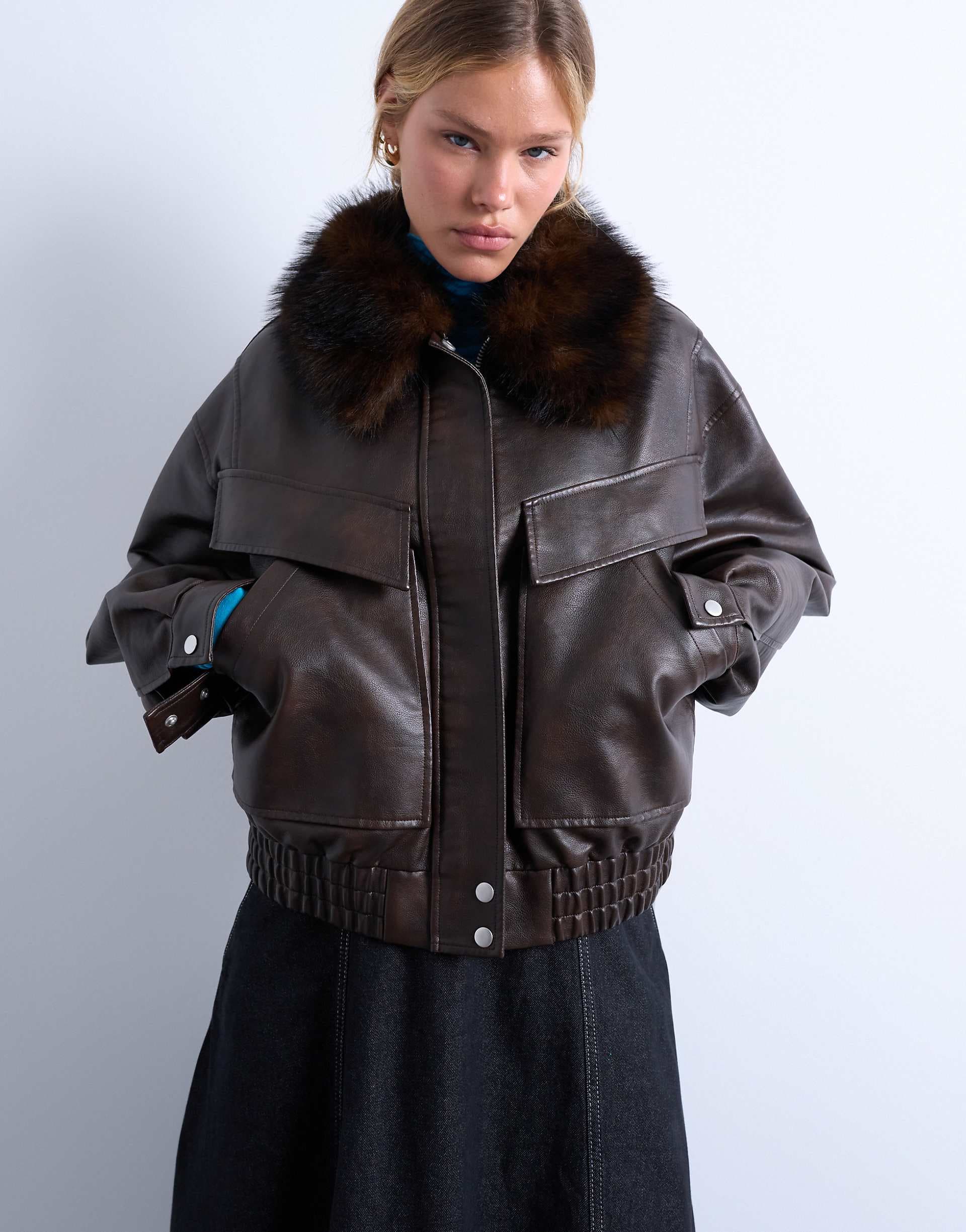 Topshop faux leather boxy zip up pocketed bomber jacket with detachable faux fur collar in washed brown