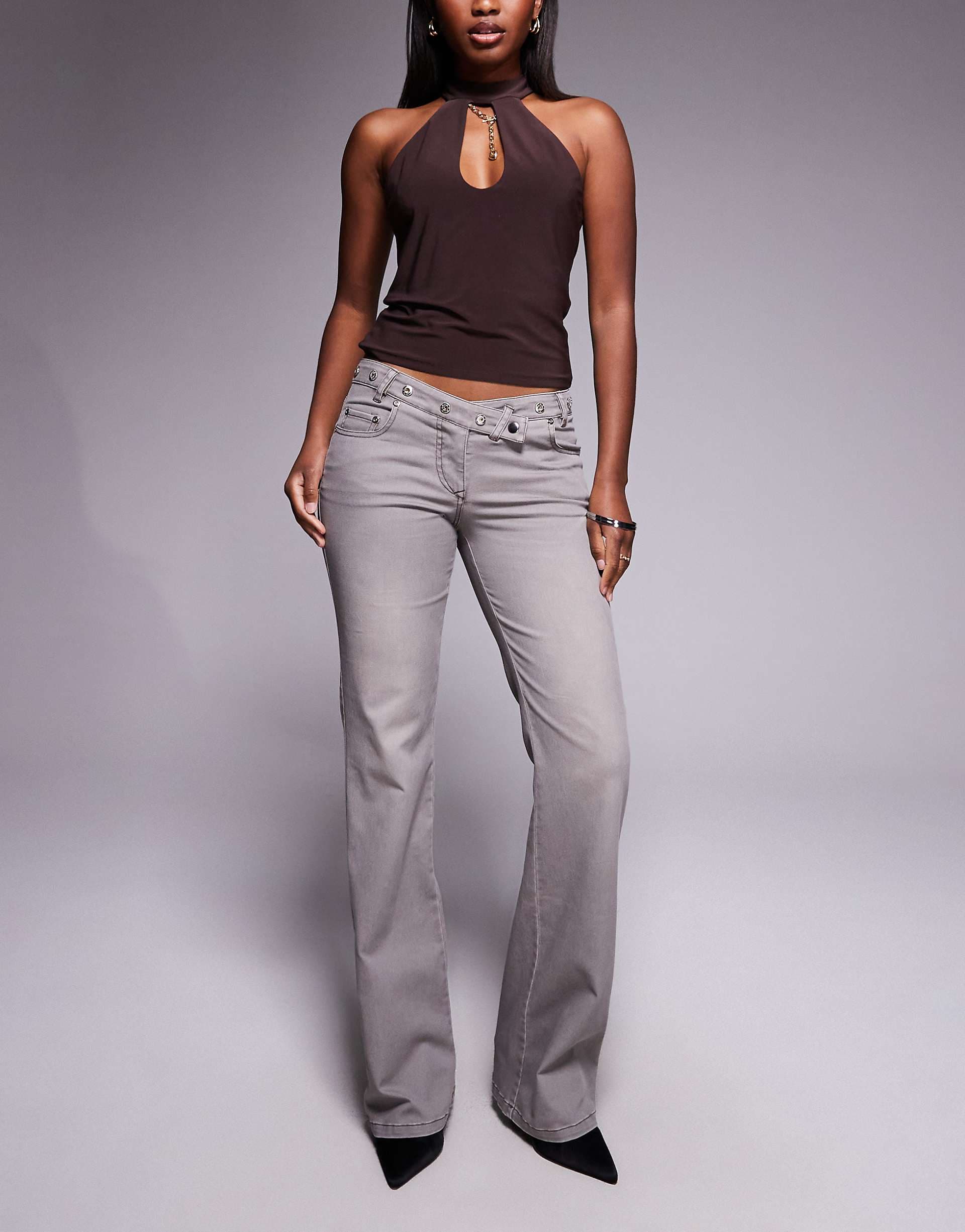 I.AM.GIA Greer low rise cross front stud detailed waistband slim kick flare jeans in gray