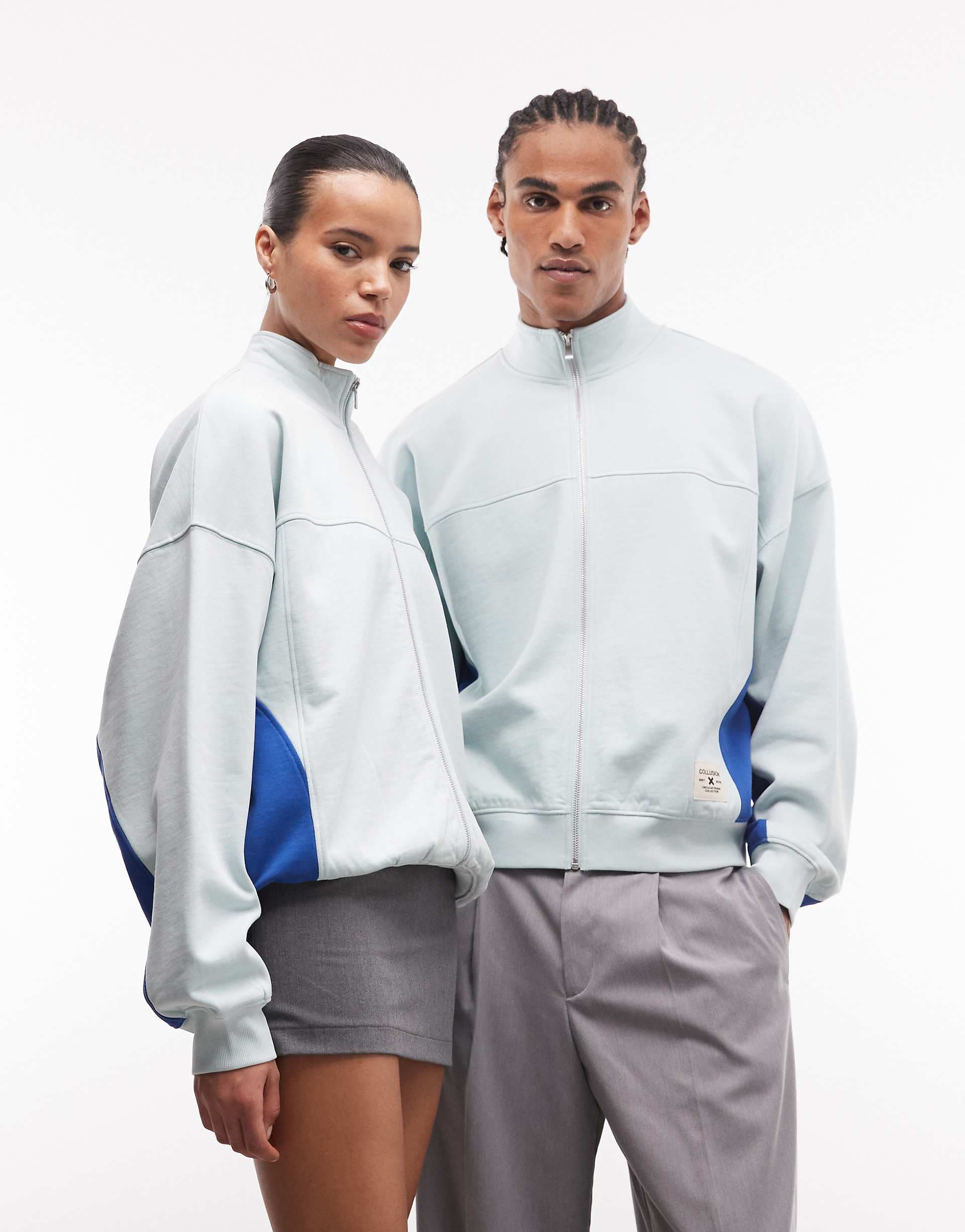 COLLUSION Circular Design Collection Unisex heavyweight panel zip-up in gray and blue