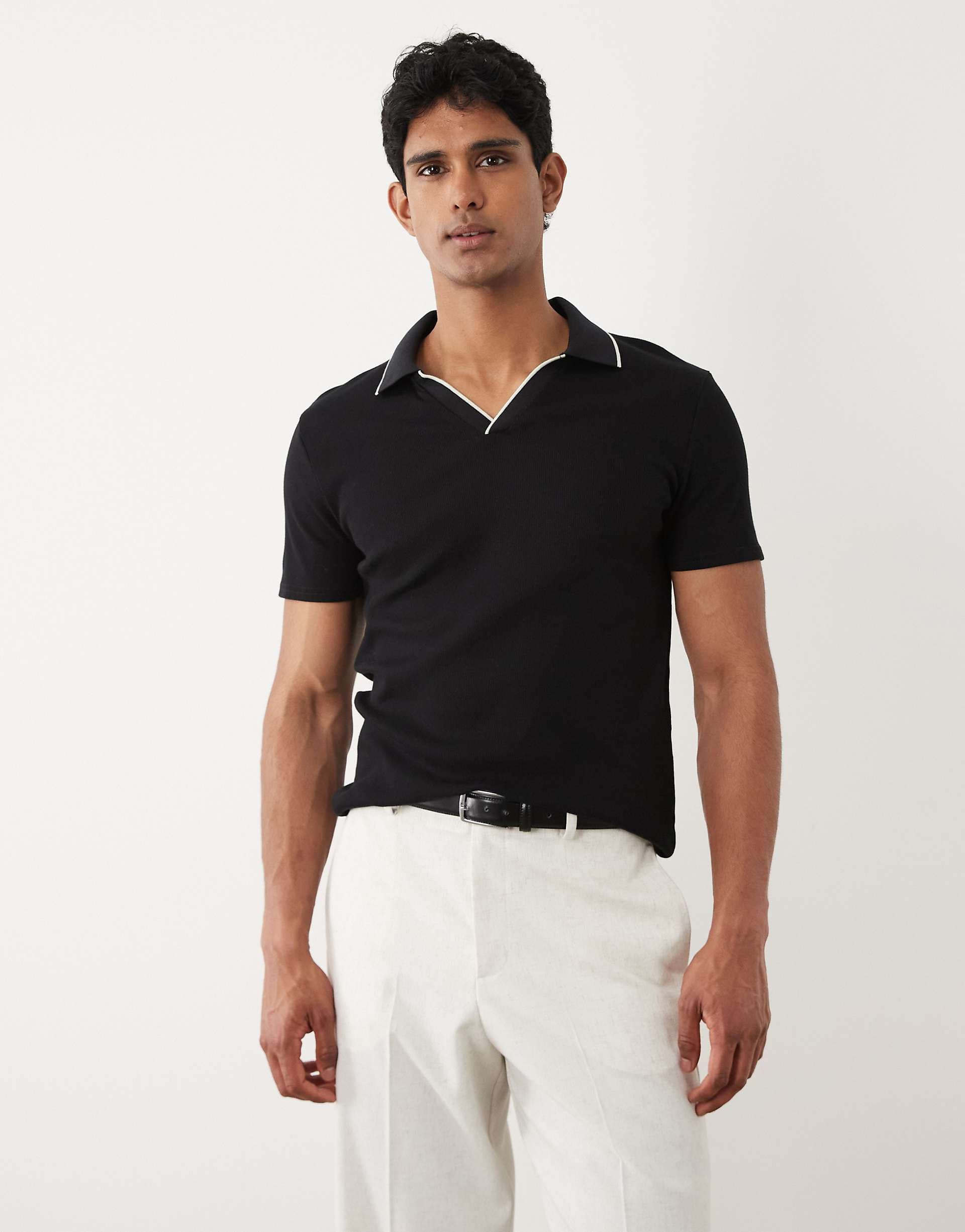 ASOS DESIGN slim notch polo with contrast tipping in black rib