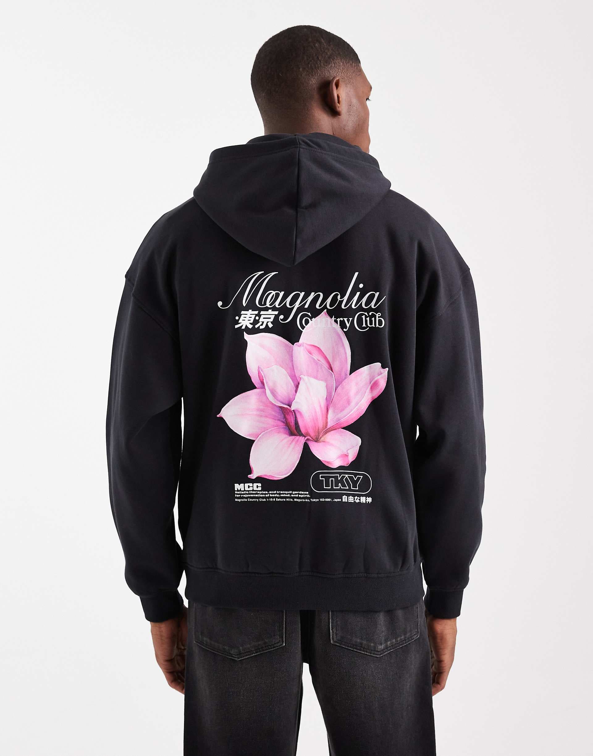 ONLY & SONS vintage fit hoodie with flower back print in black