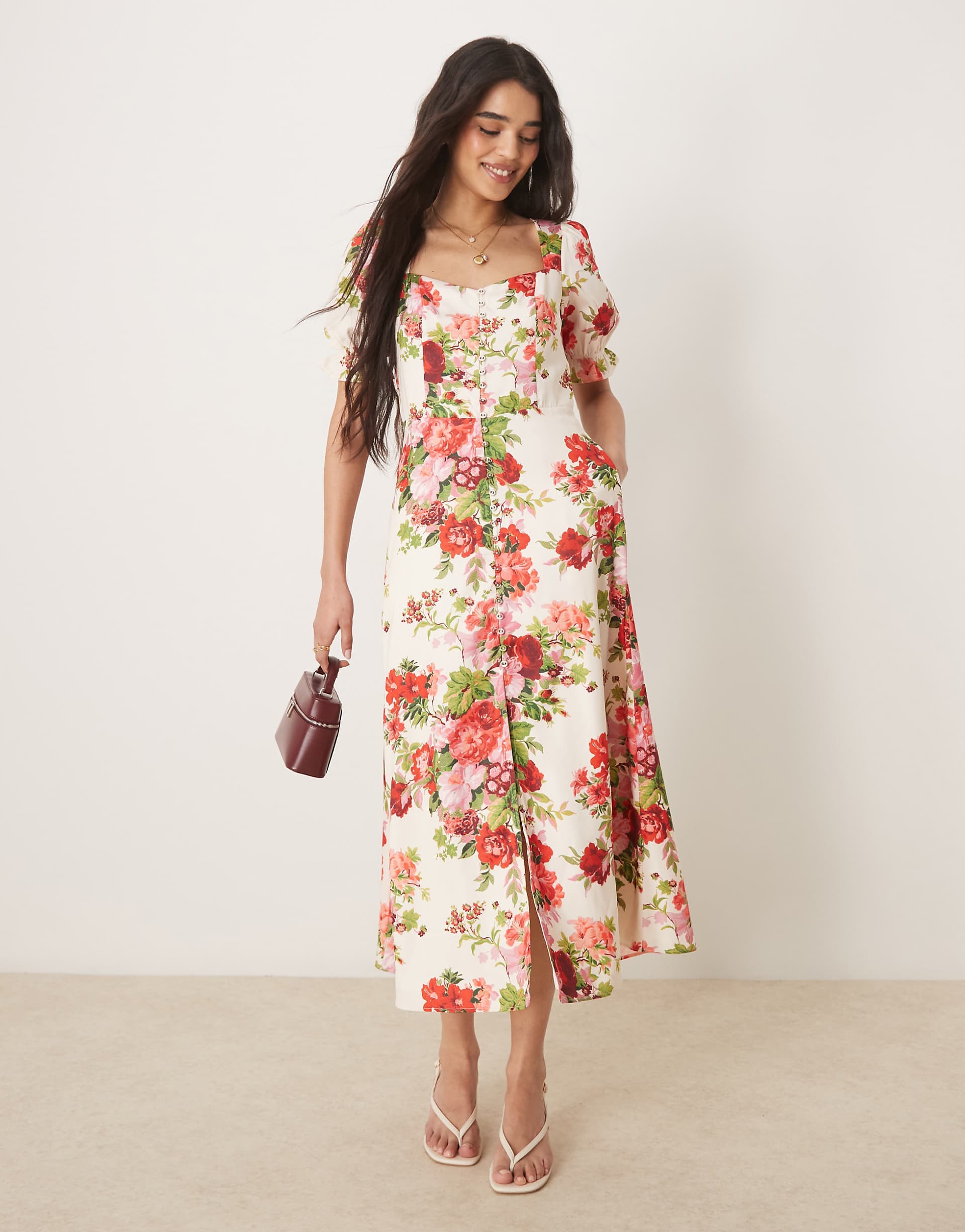 Hope & Ivy square neck open back midi dress in white red floral