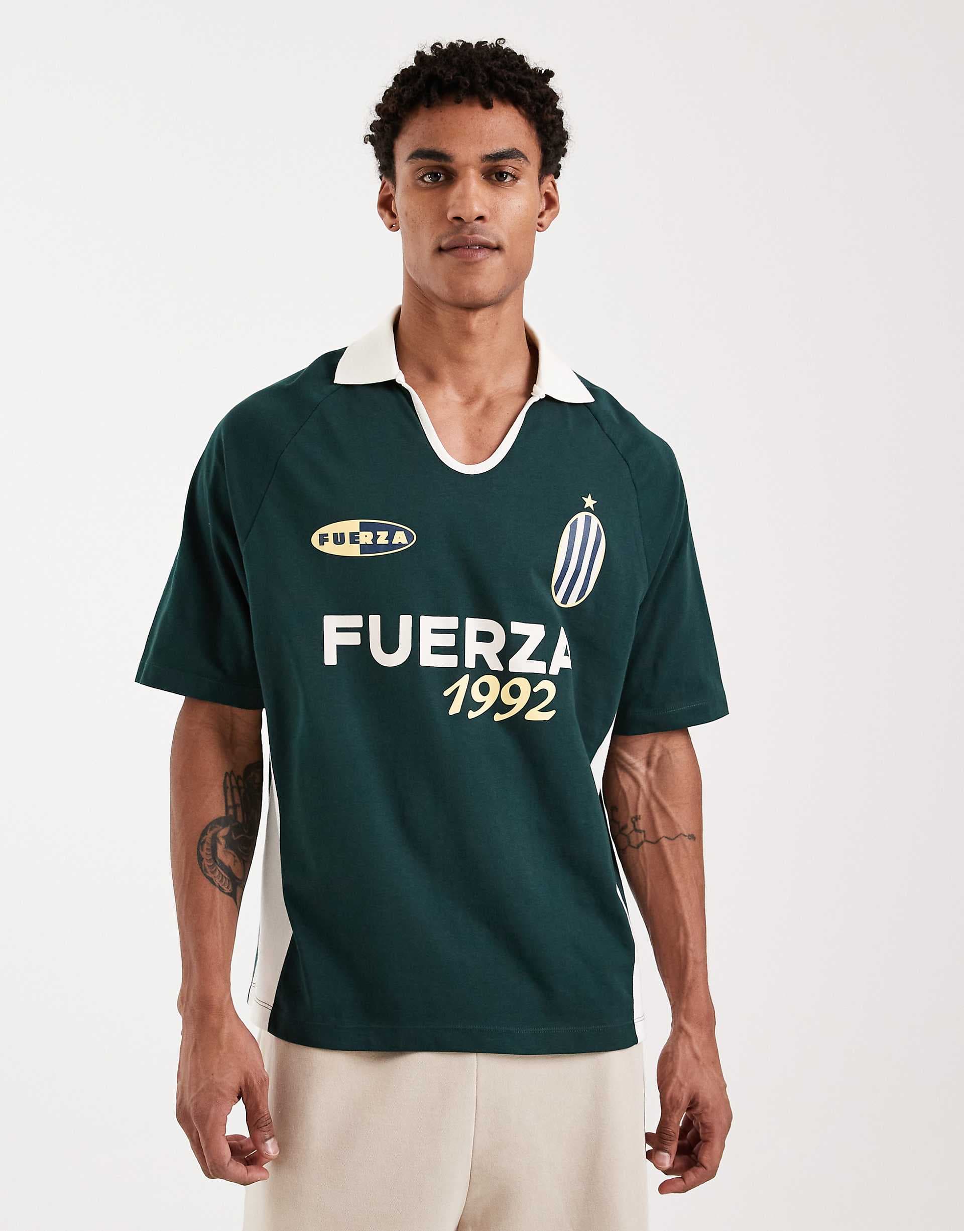 ASOS DESIGN relaxed polo T-shirt with panels and soccer graphic in dark green