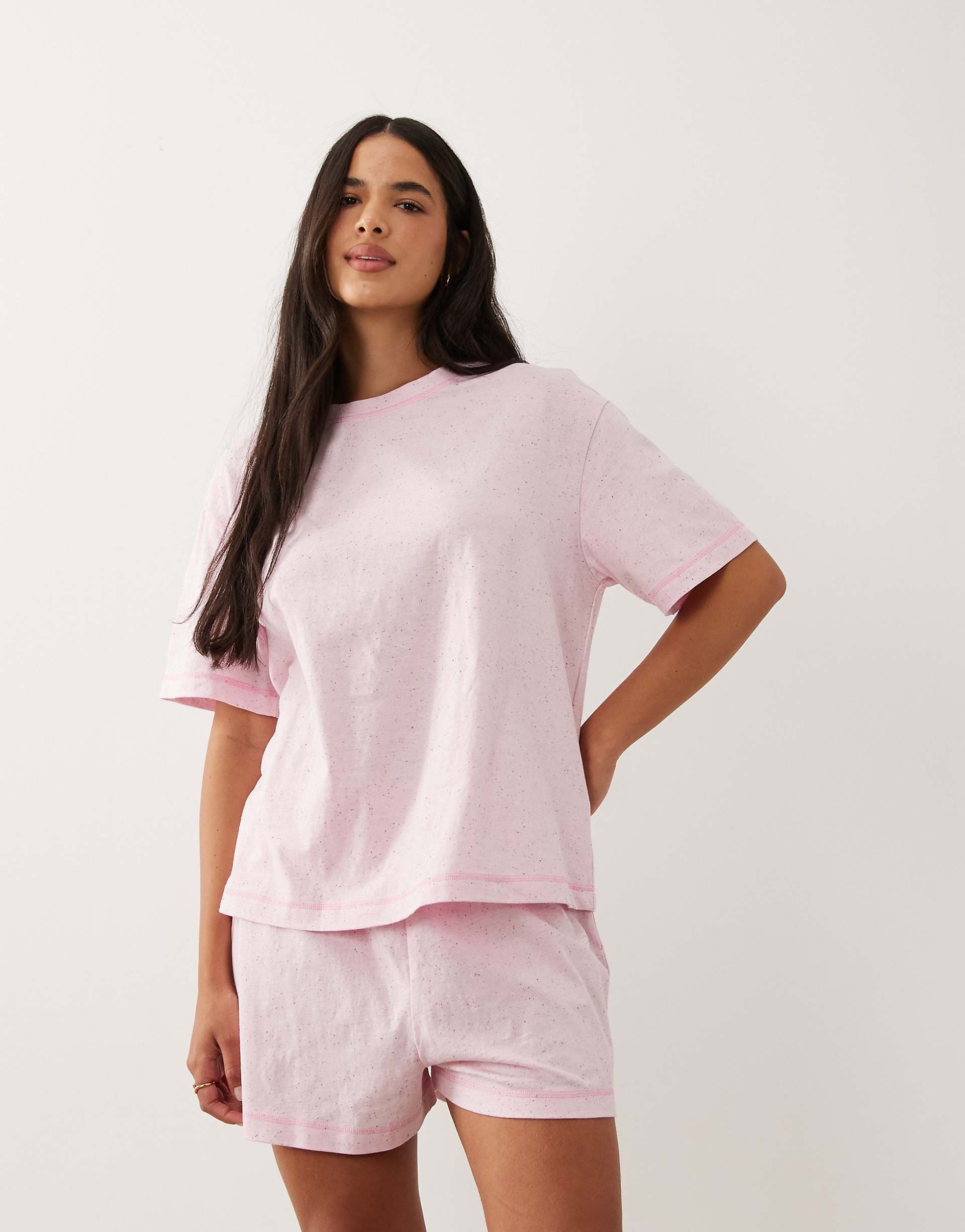 ASOS DESIGN oversized tee and shorts pajama set with contrast overlock stitch in pink neppy