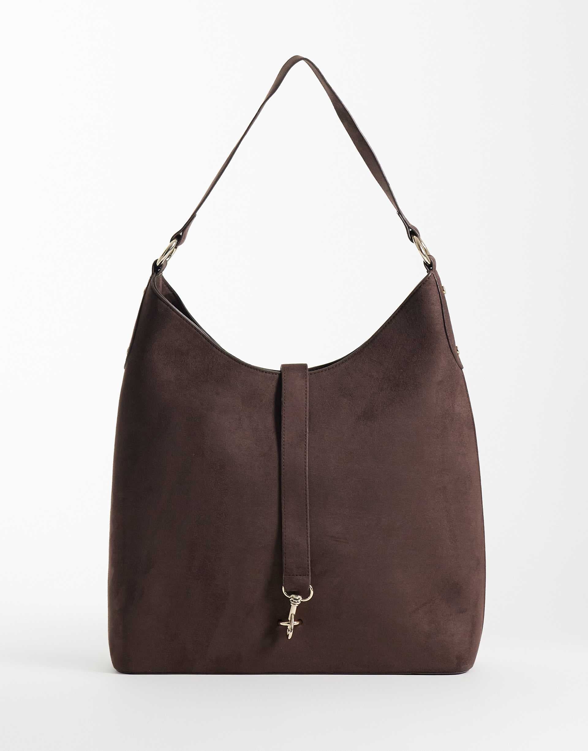 Abercrombie & Fitch faux suede shoulder bag with hardware detail in brown