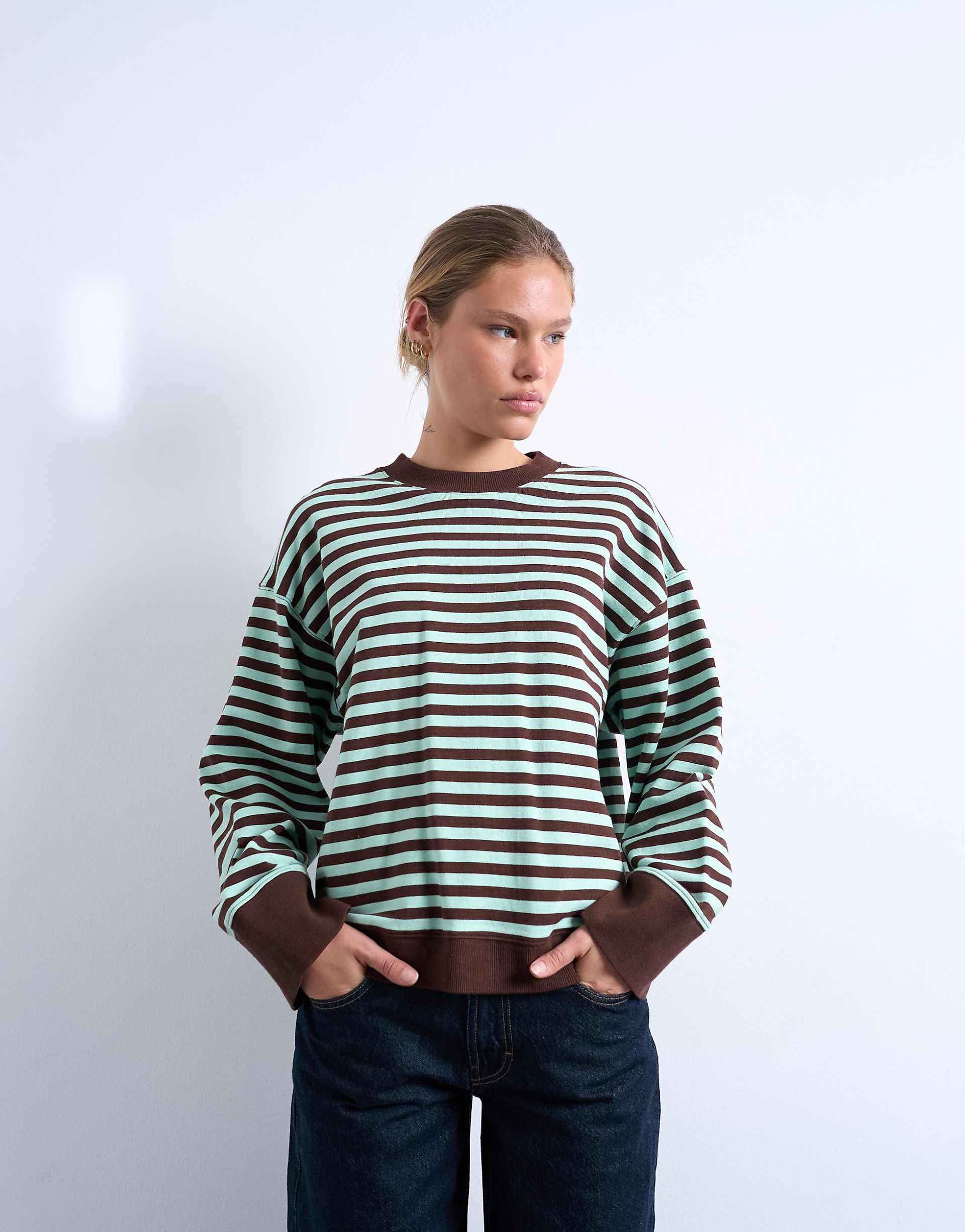 Topshop stripe oversized deep cuff sweat in mint and chocolate