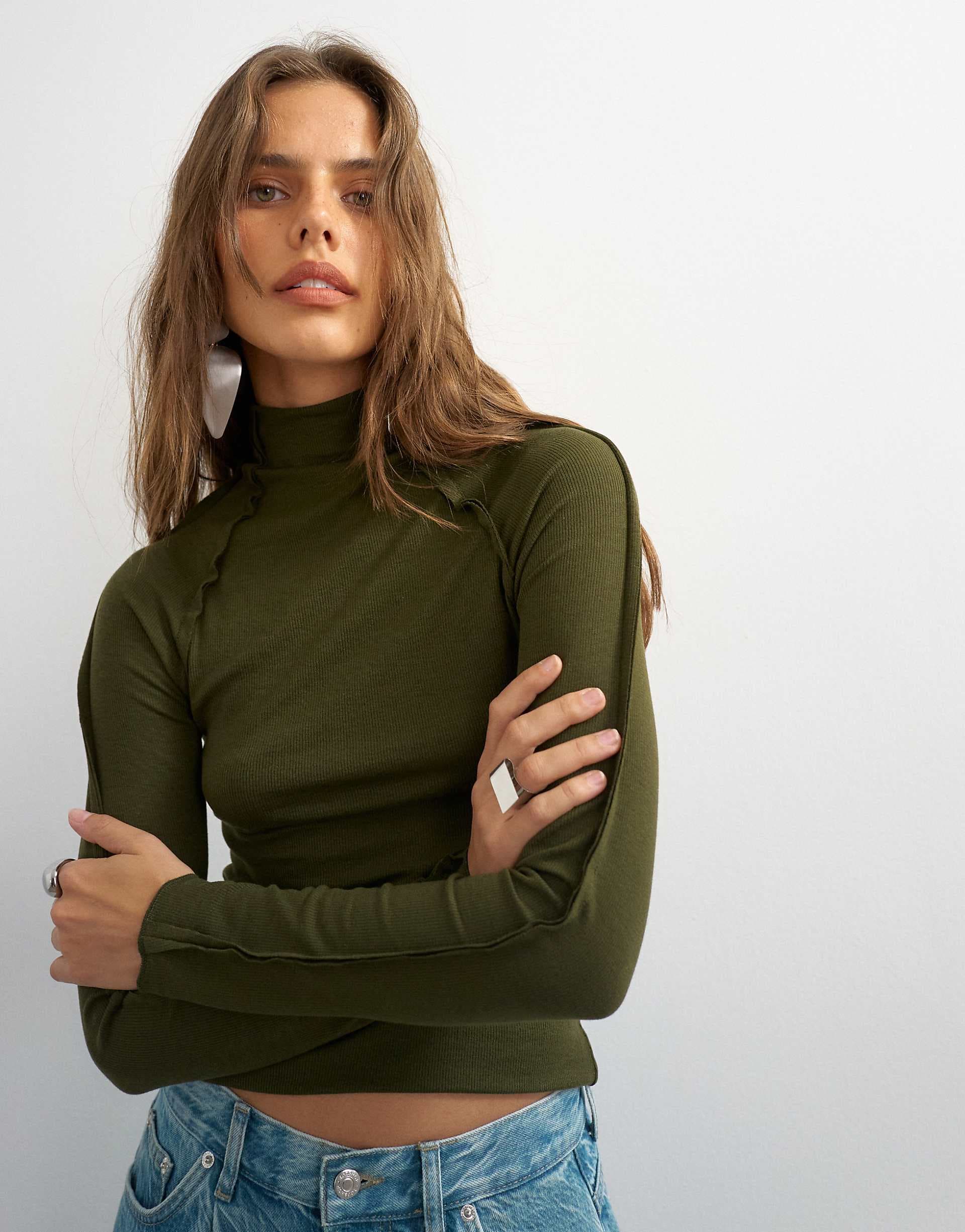 Topshop x Cara seamed long sleeve T-shirt in khaki