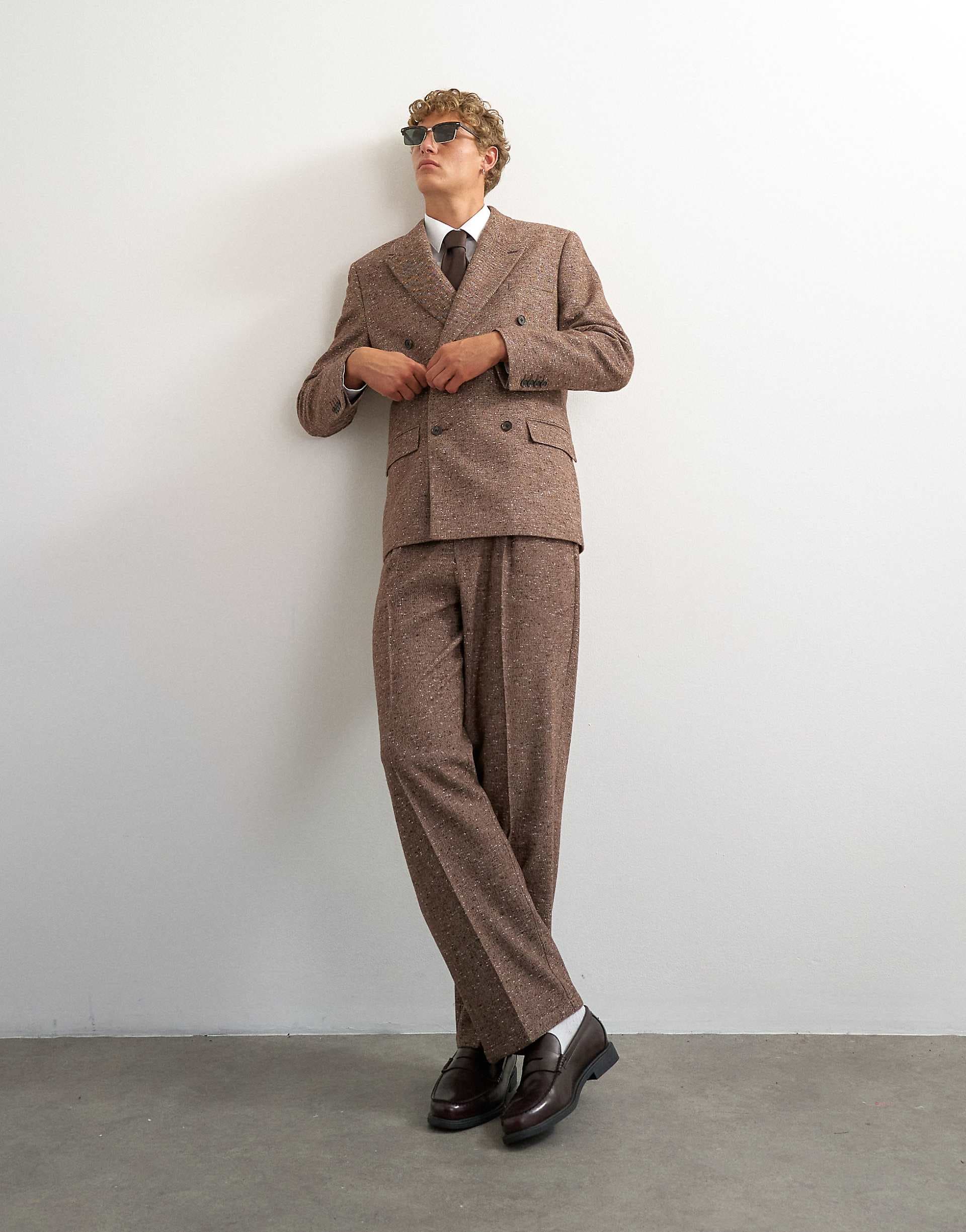Topman wide leg textured pants with pleats in brown