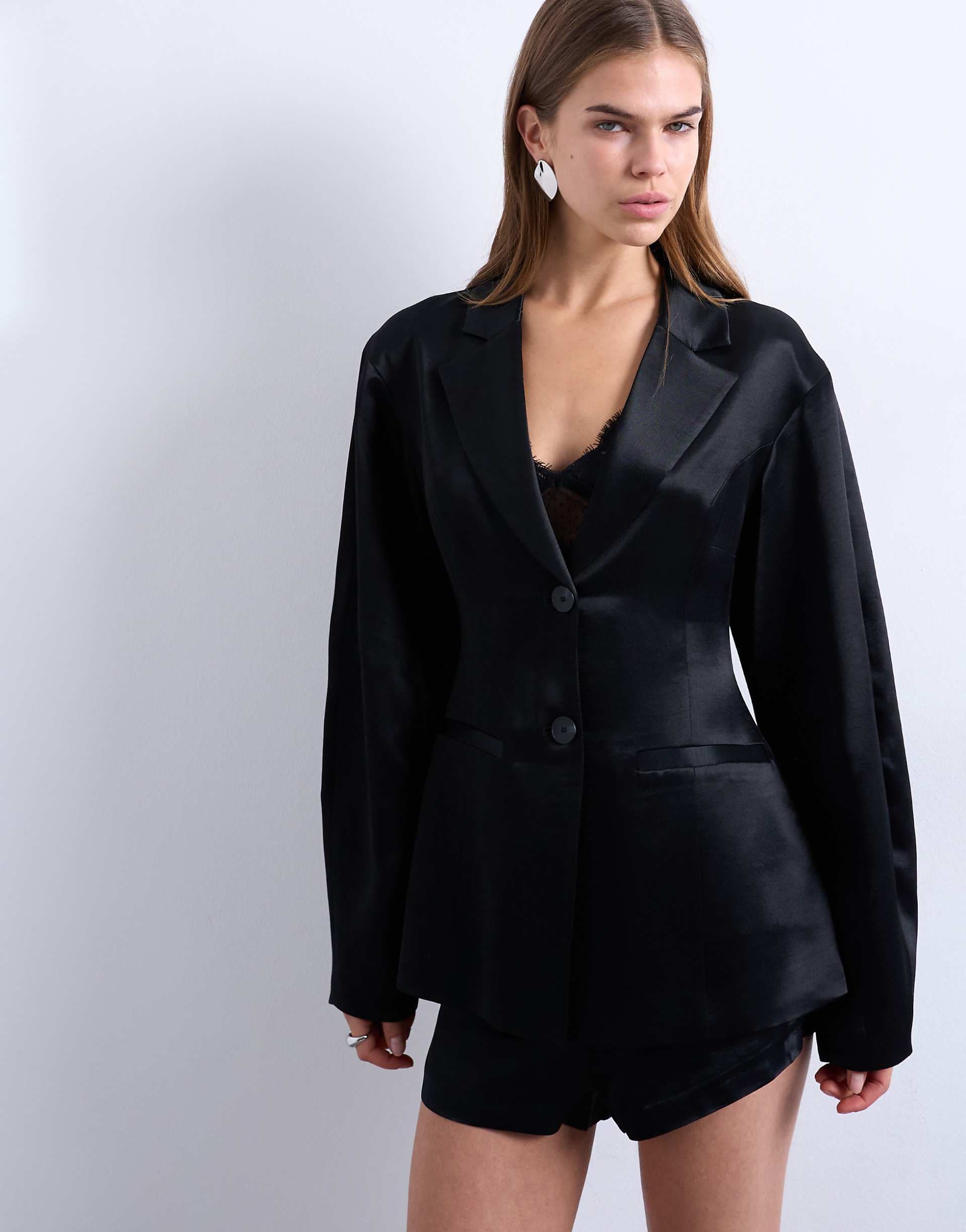 Topshop satin cinched blazer in black