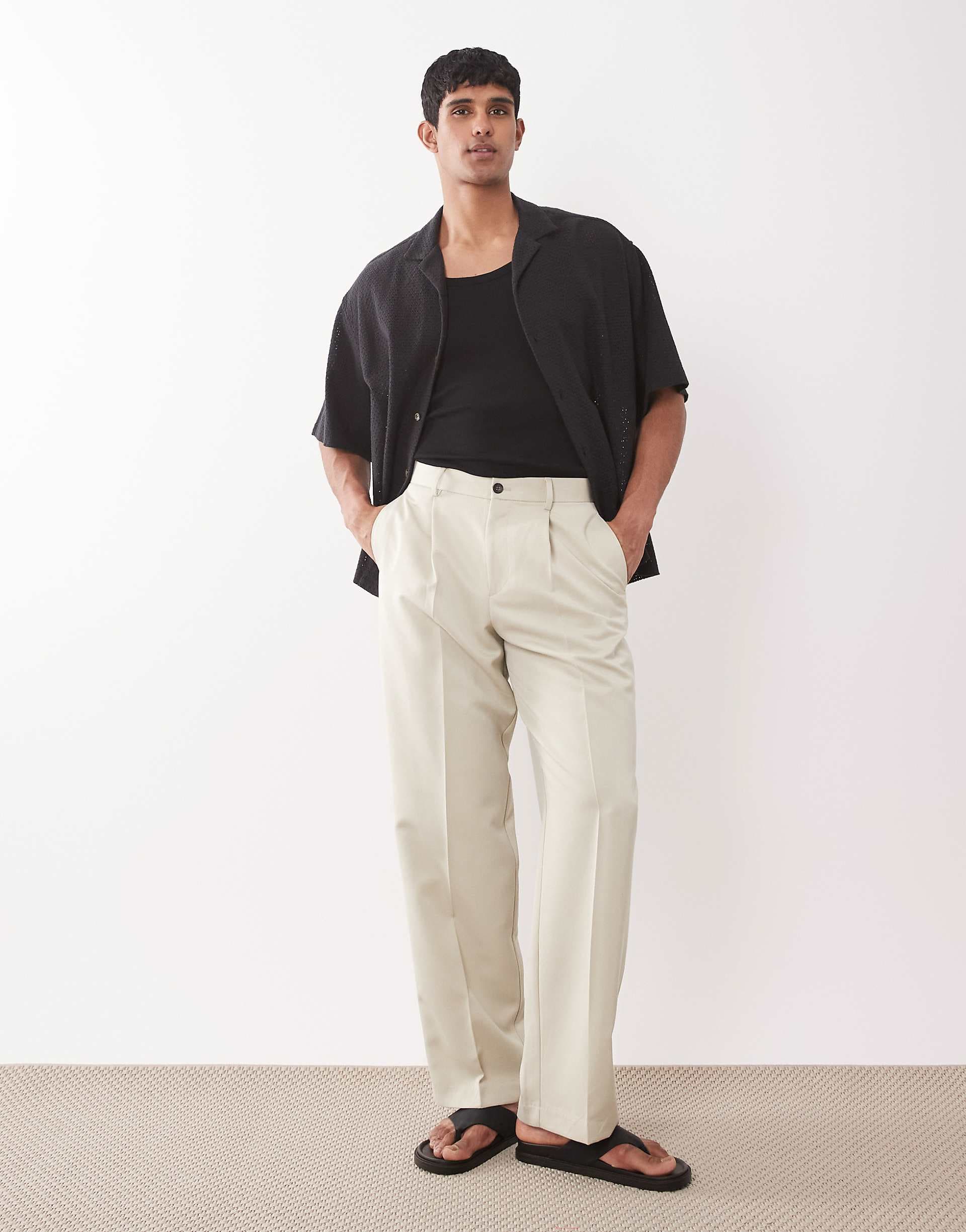 ASOS DESIGN tailored wide leg pleated pants with exposed button in ecru