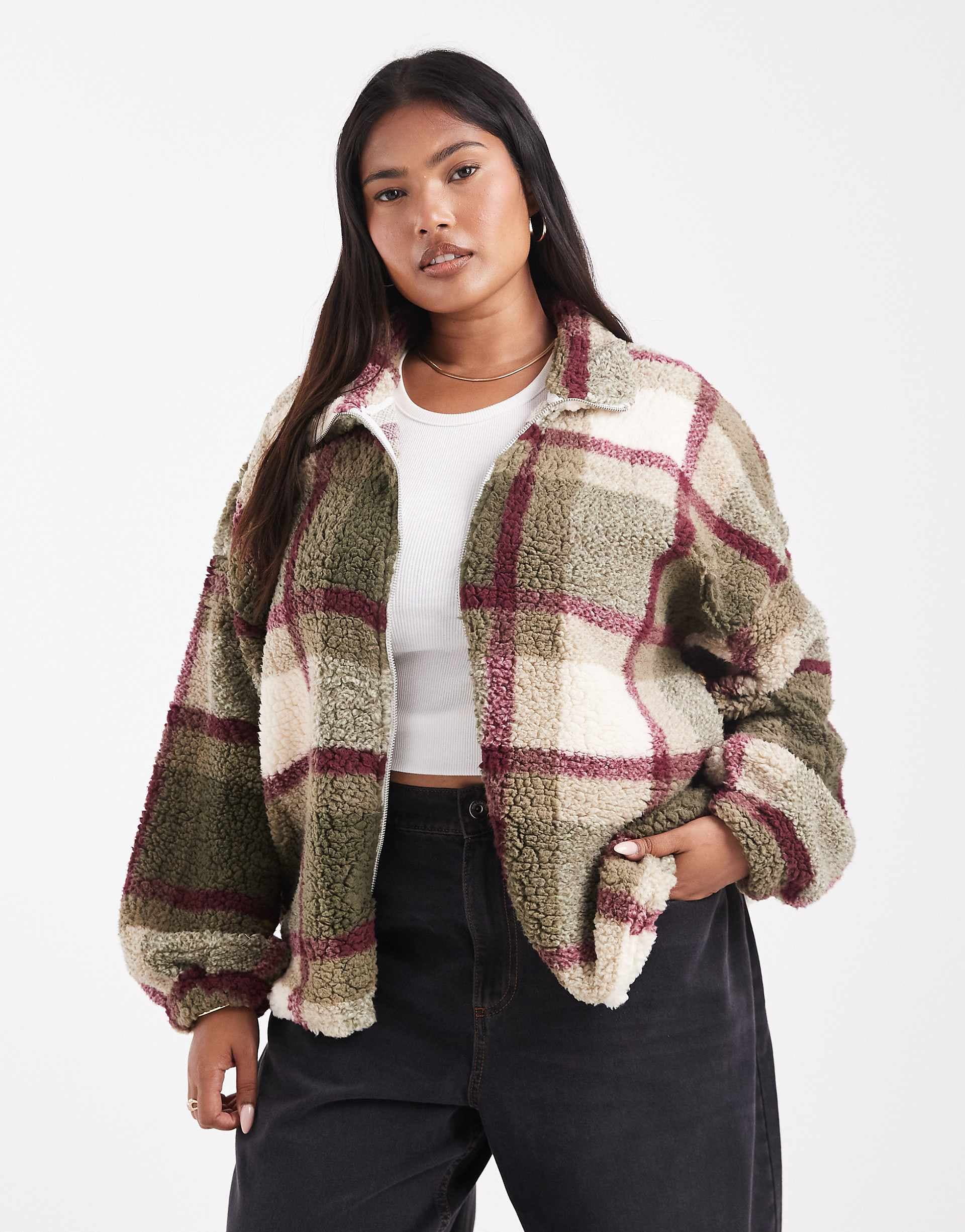 Noisy May Curve oversized plaid fleece in cream and khaki green