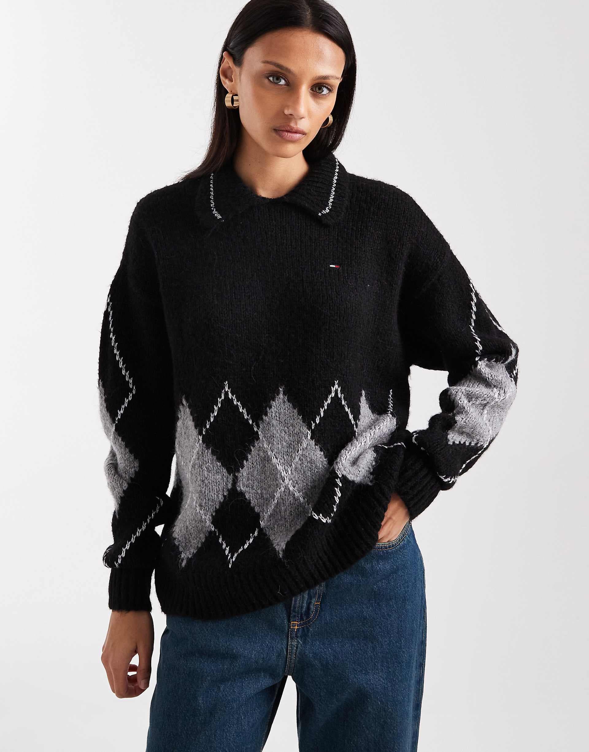 Tommy Jeans argyle knit polo sweater in black