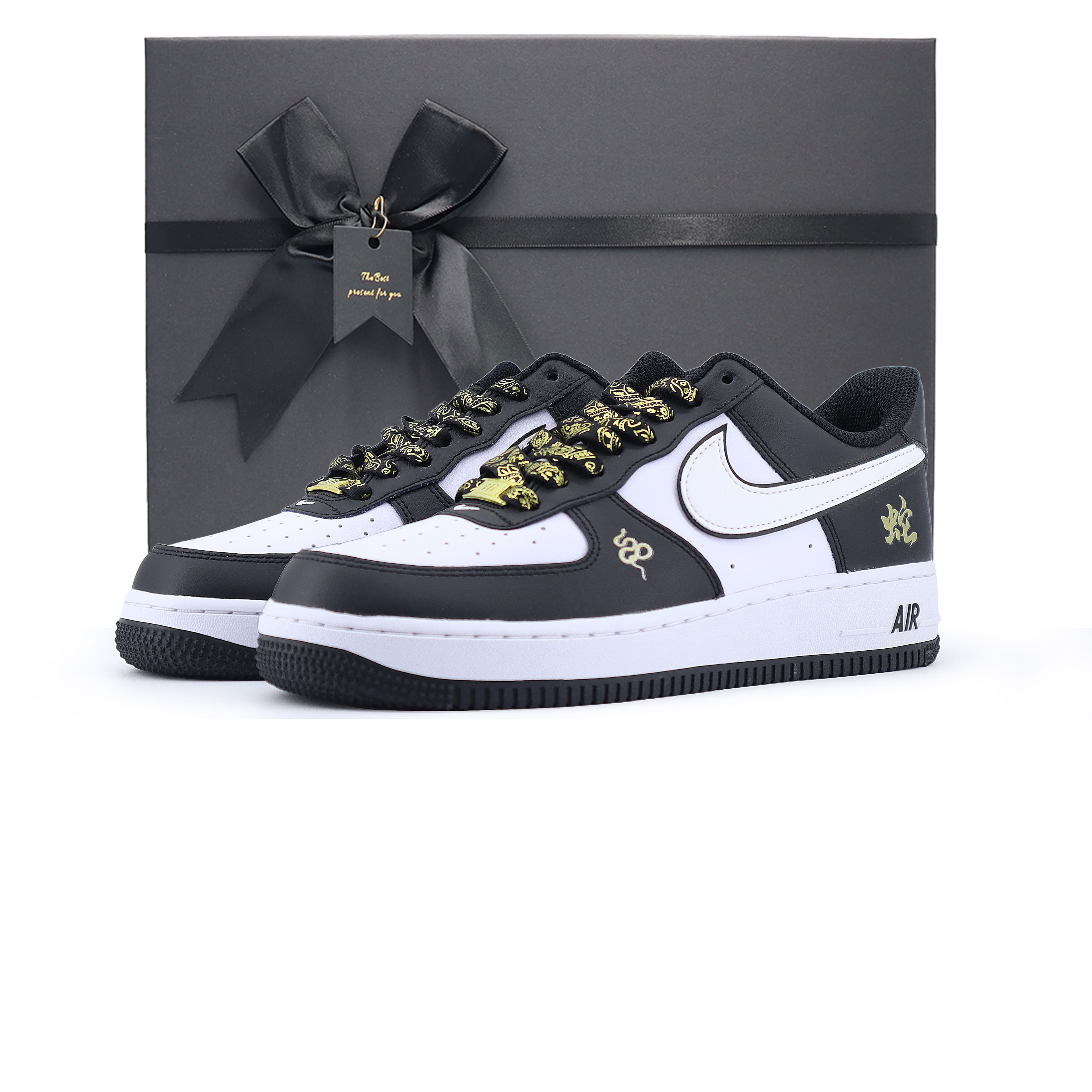 Nike Air Force 1 Anti-Slip Wear-Resistant Low-Top Skateboard Shoes Unisex Black Gold