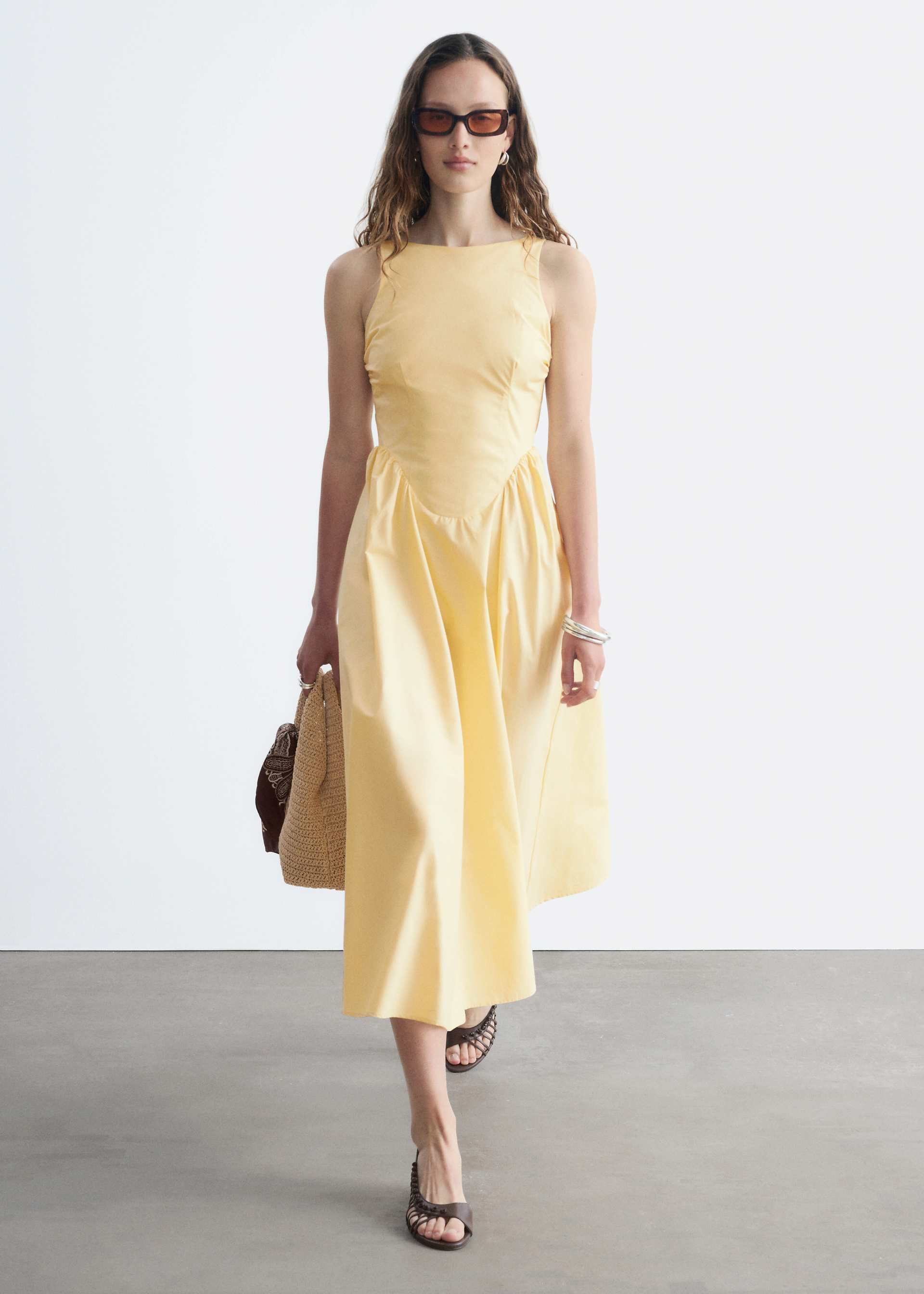 & Other Stories rich cotton volume waist hem midi dress in buttermilk yellow