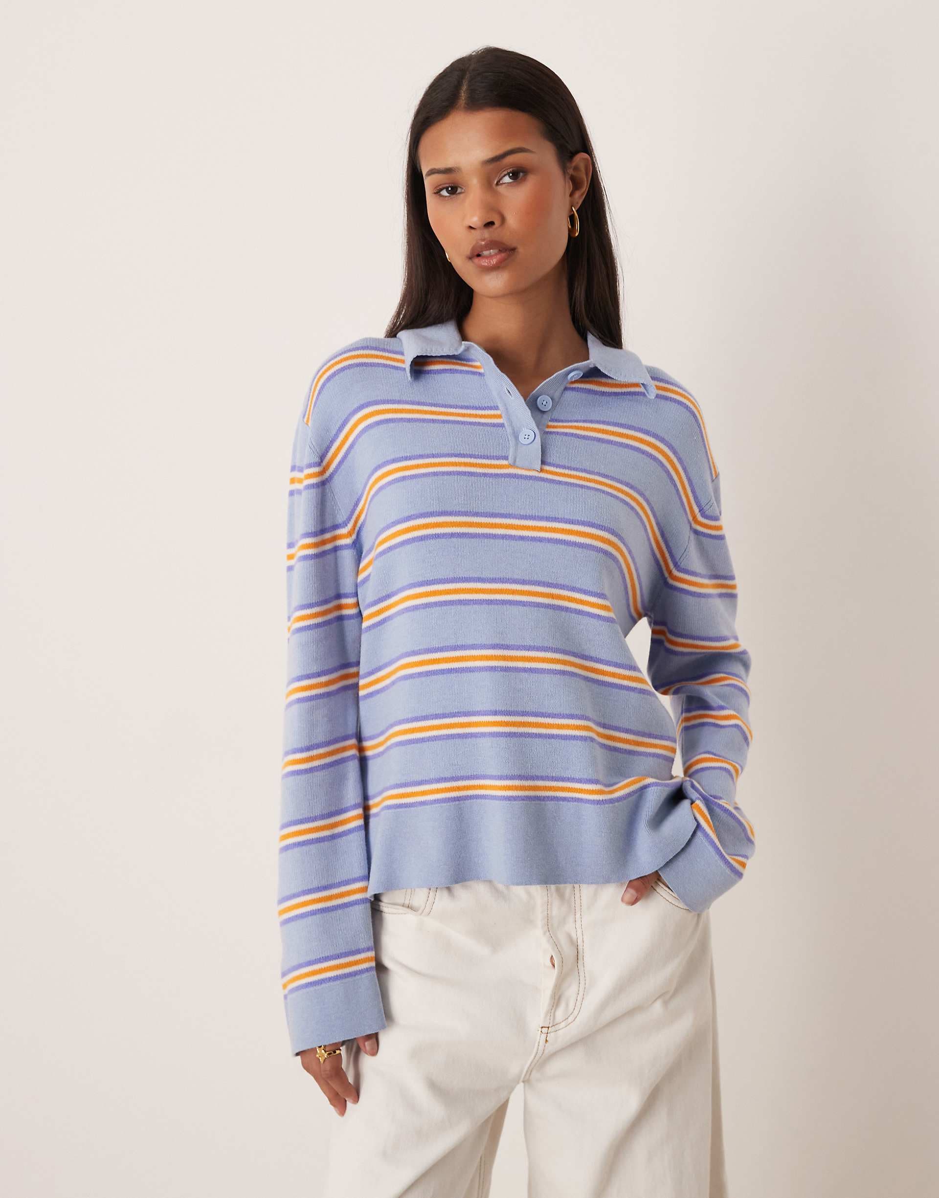 Gina Tricot knit polo sweater in blue and orange stripes