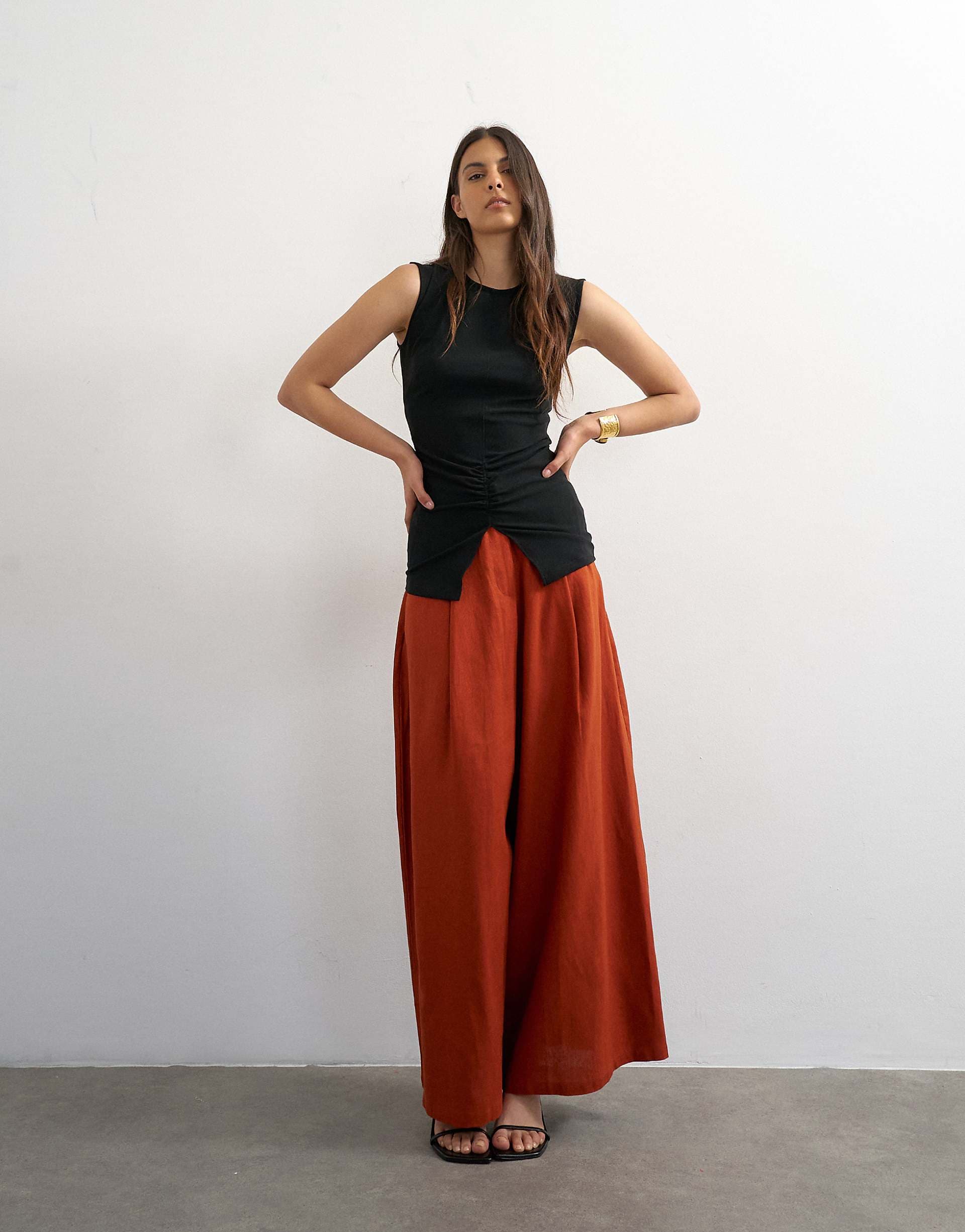 Topshop linen mix a line wide leg pants in rust