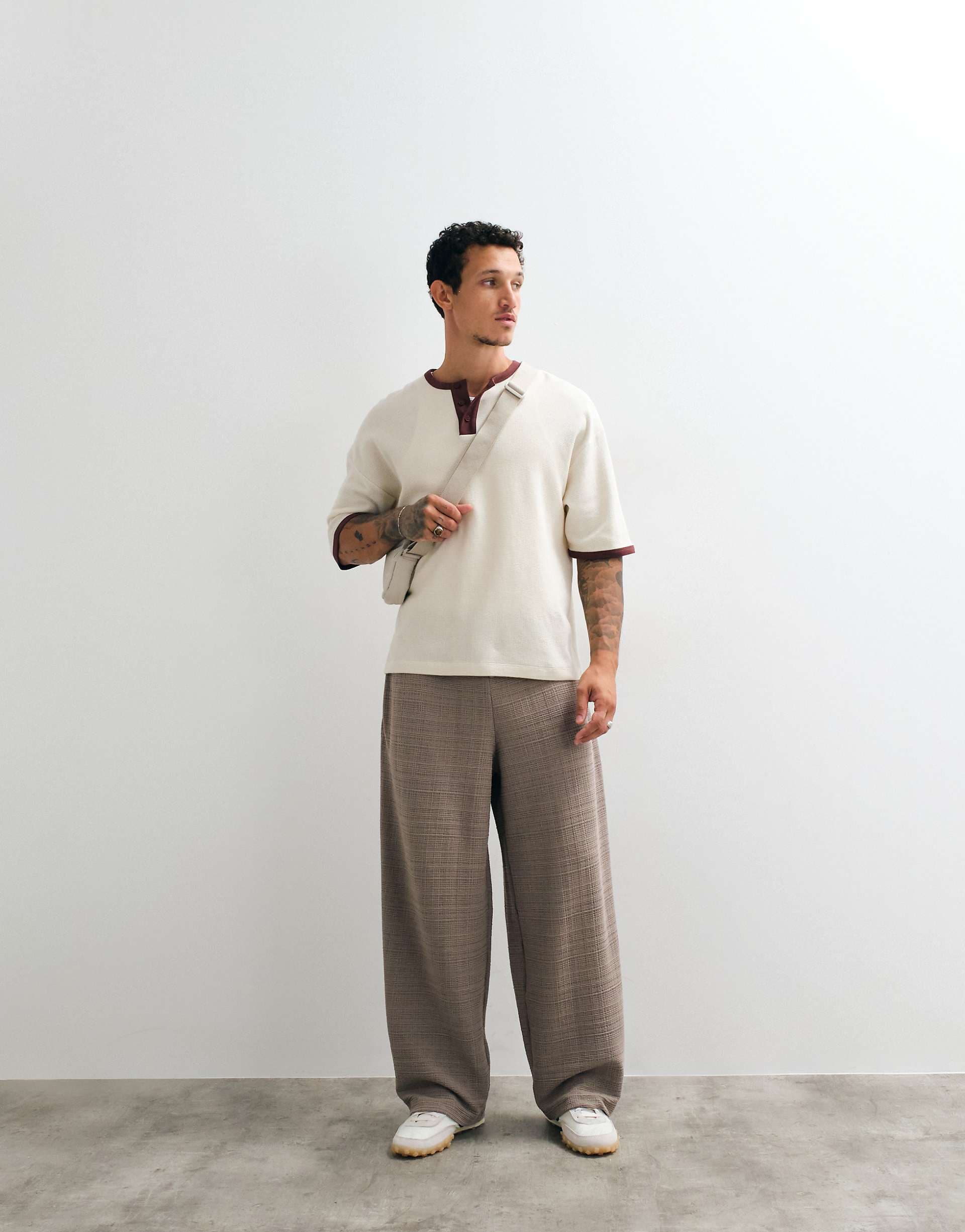 ASOS DESIGN oversized balloon textured sweatpants with side pleat in beige