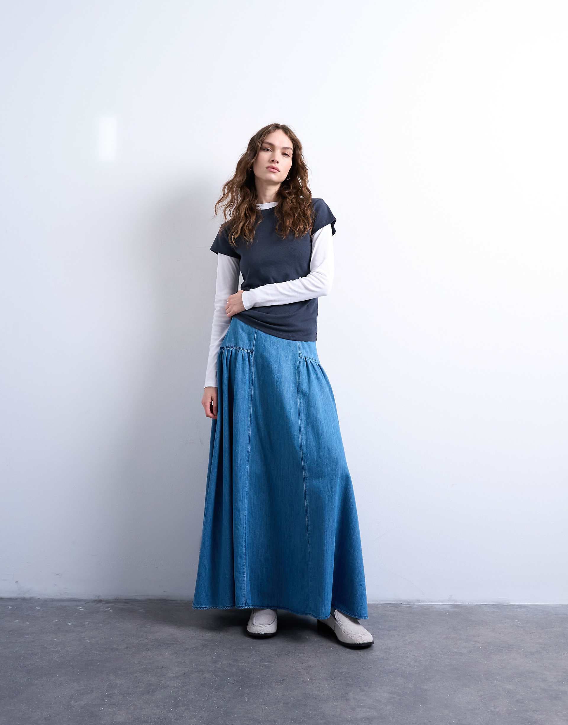 Topshop denim dropped waist maxi skirt in blue