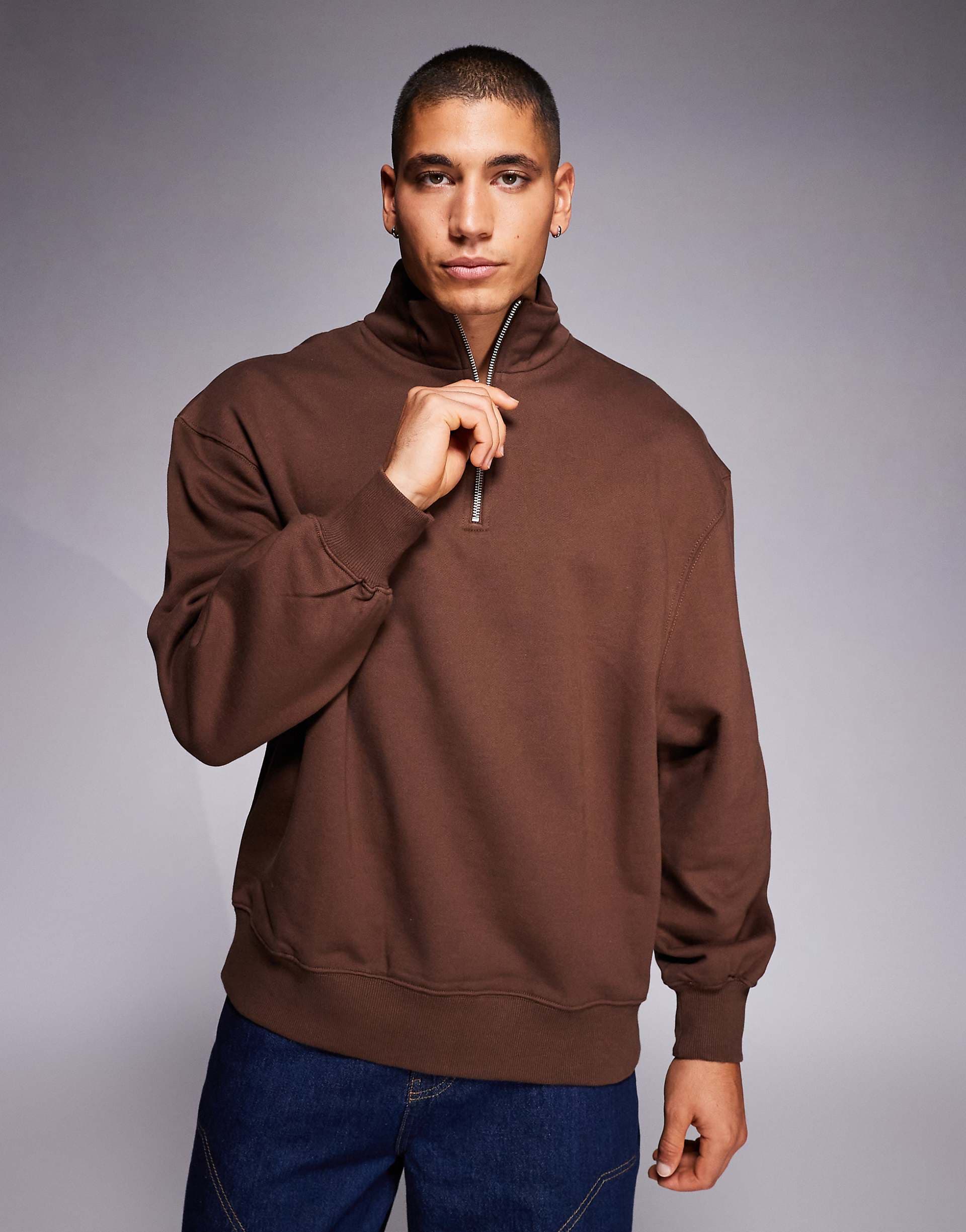 ASOS DESIGN premium heavyweight oversized quarter zip sweatshirt in 400 gsm brown