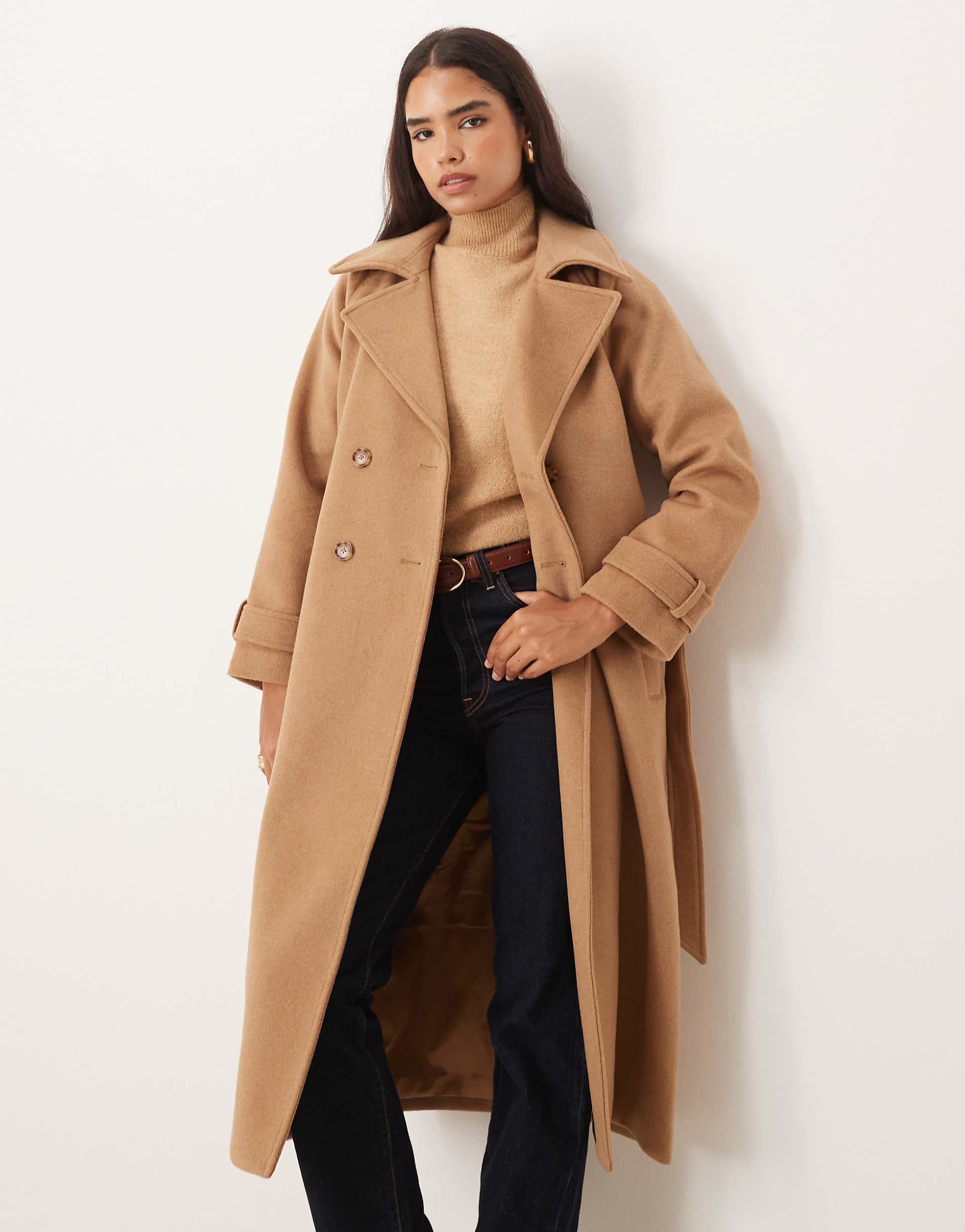 Abercrombie & Fitch wool blend maxi belted trench coat in camel
