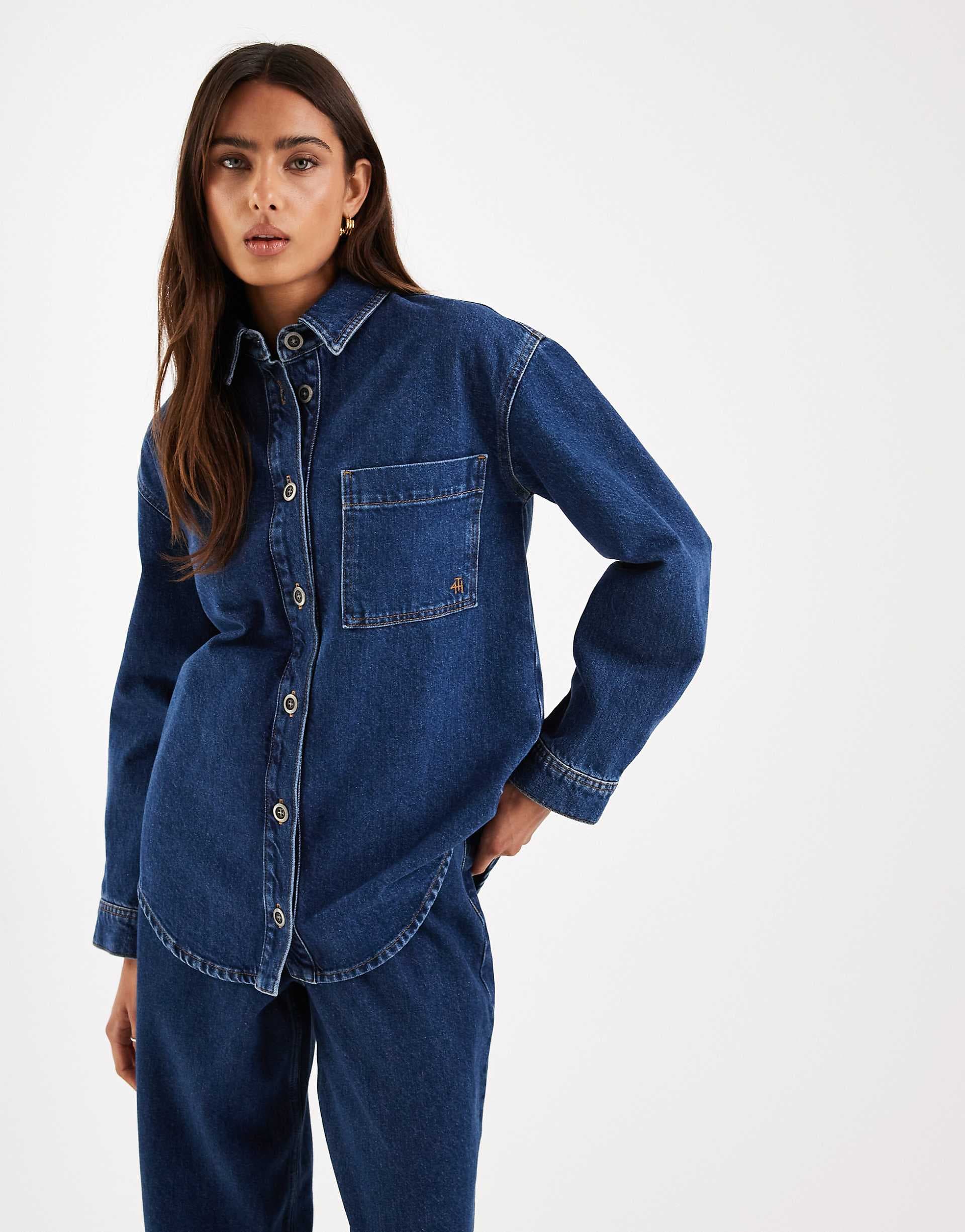4th & Reckless button through structured denim shirt in dark wash - part of a set