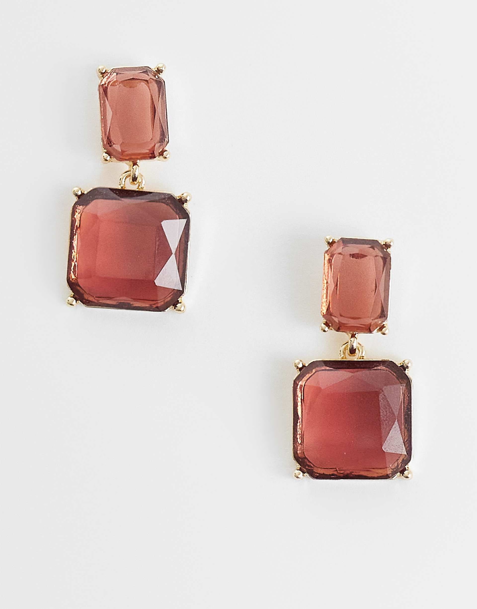 ASOS DESIGN drop earrings with squared-off faux jewel stone setting in burgundy