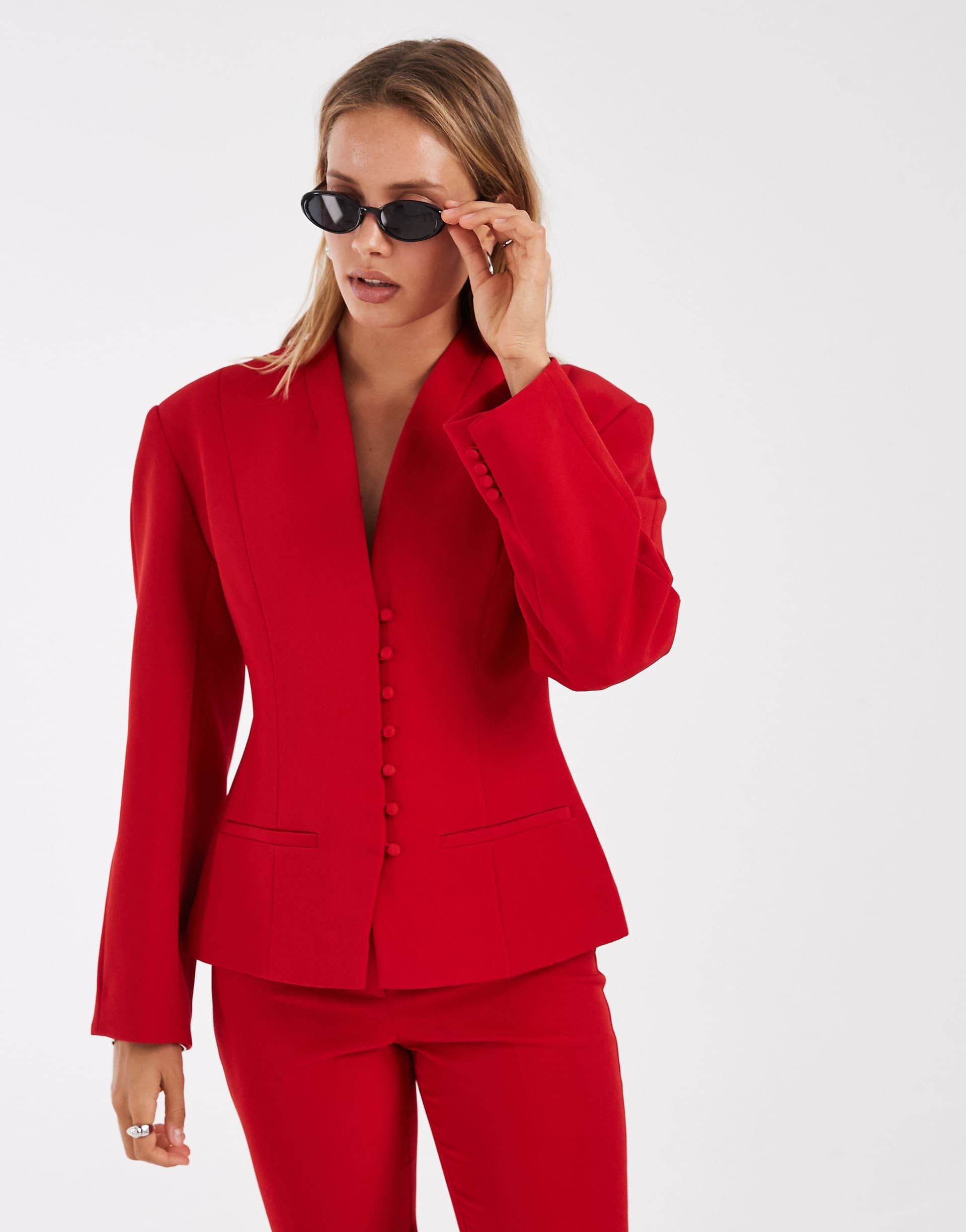 ASOS DESIGN Tailored collarless multi button nipped blazer in red