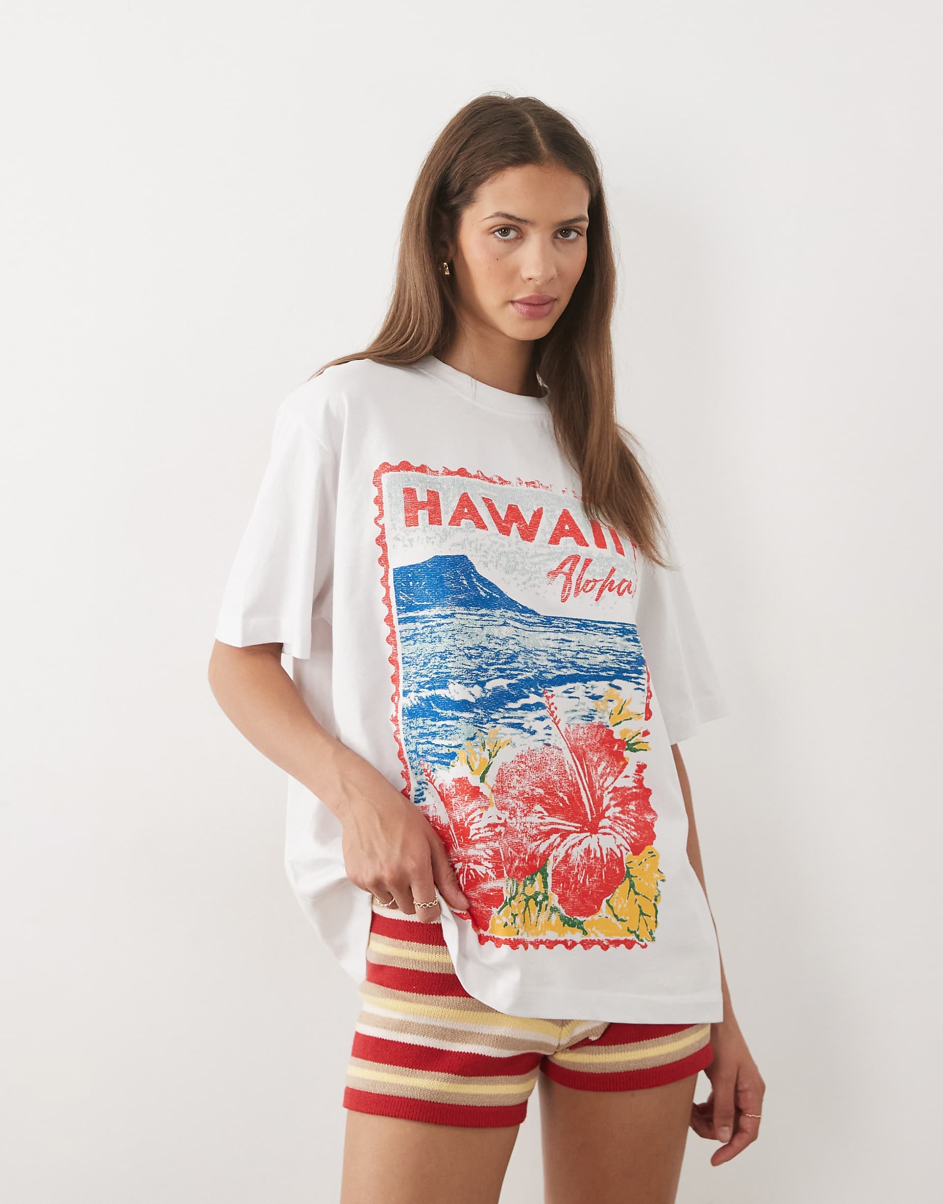ASOS DESIGN oversized t-shirt with Hawaii postcard graphic in white