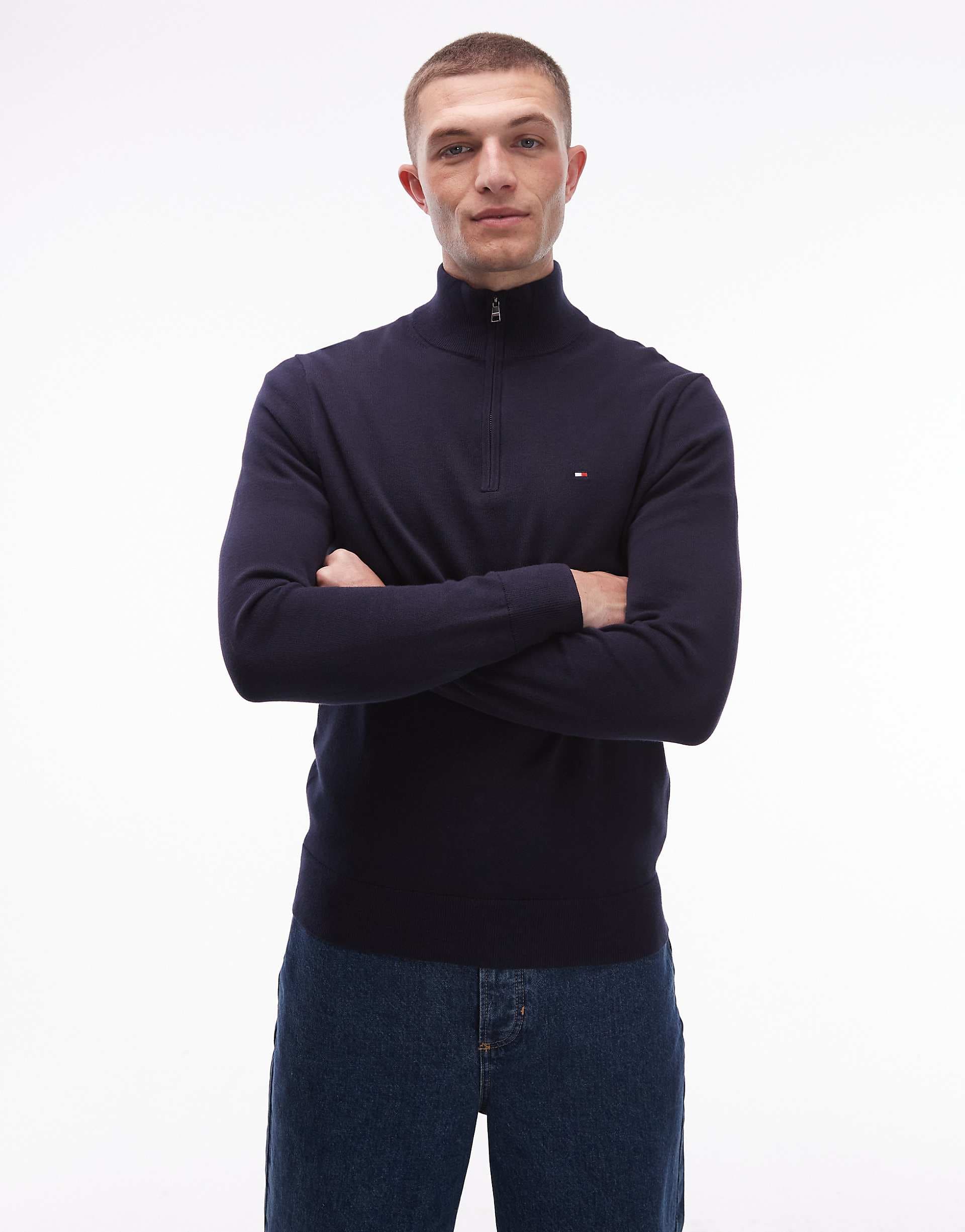 Tommy Hilfiger essential cotton half zip sweater in navy