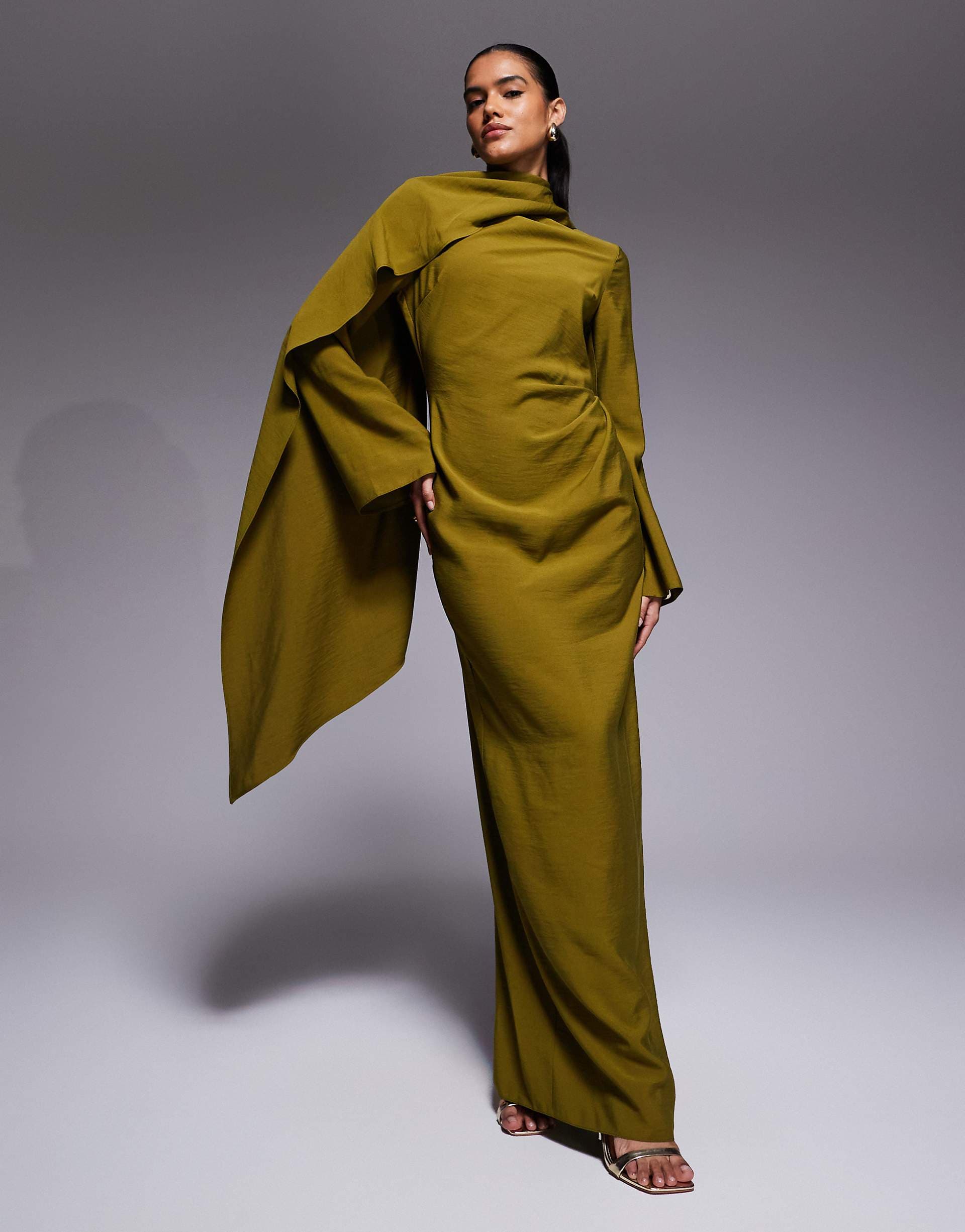 ASOS DESIGN long sleeve scarf detail maxi dress in olive