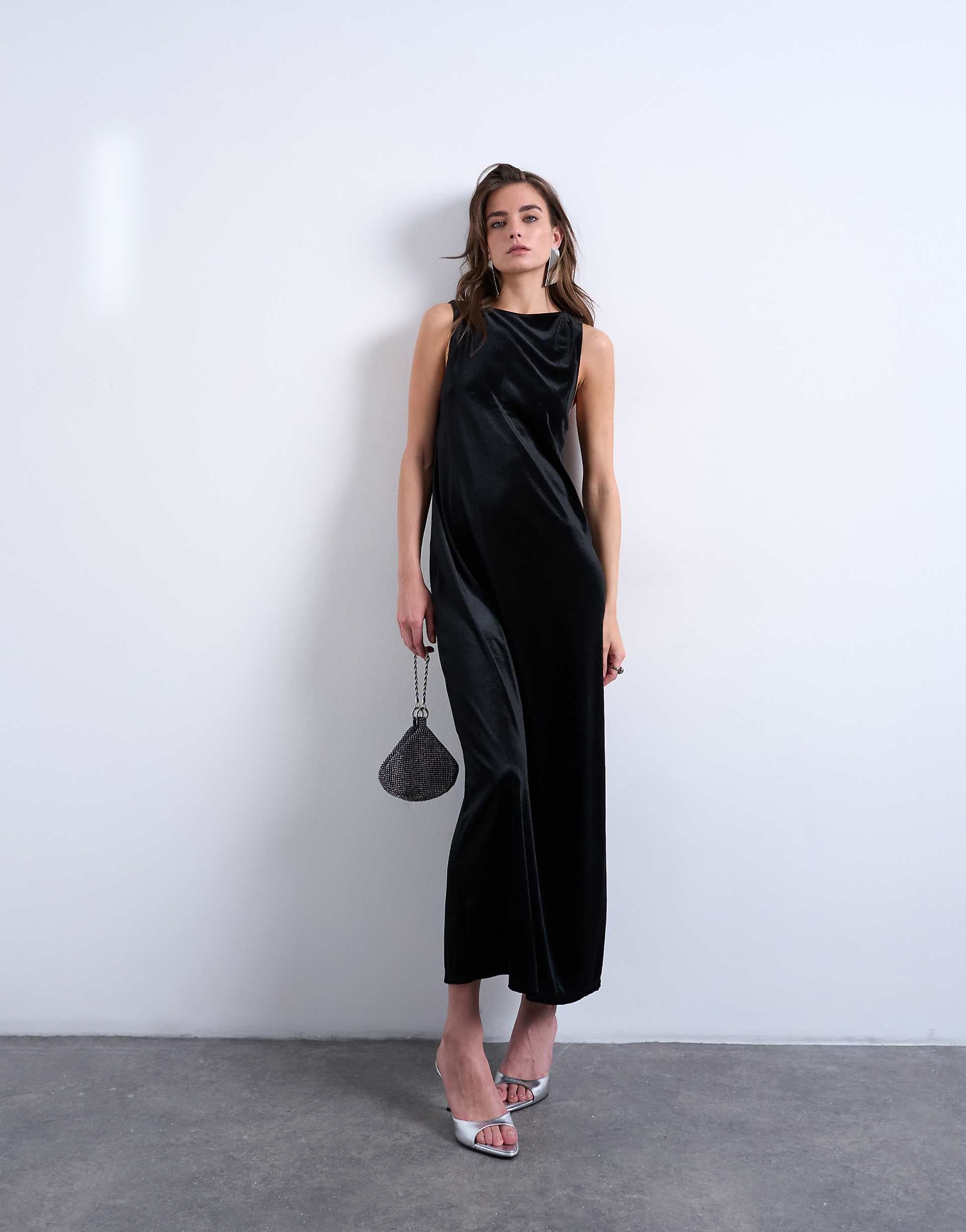 Topshop high neck open back throw on velvet maxi dress in black