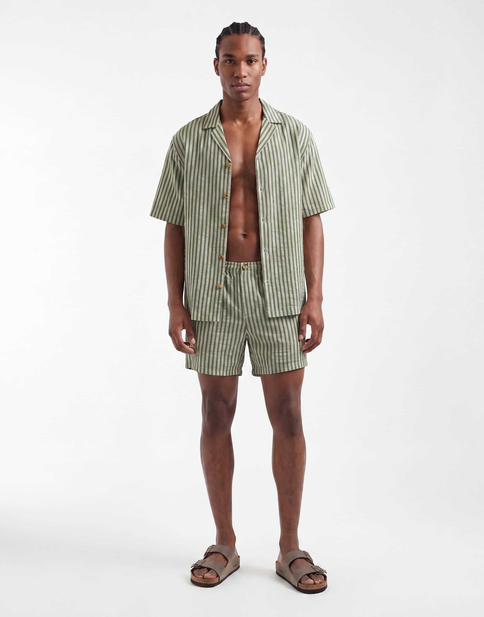 ASOS DESIGN wide fit shorts in short length in green stripes - part of a set