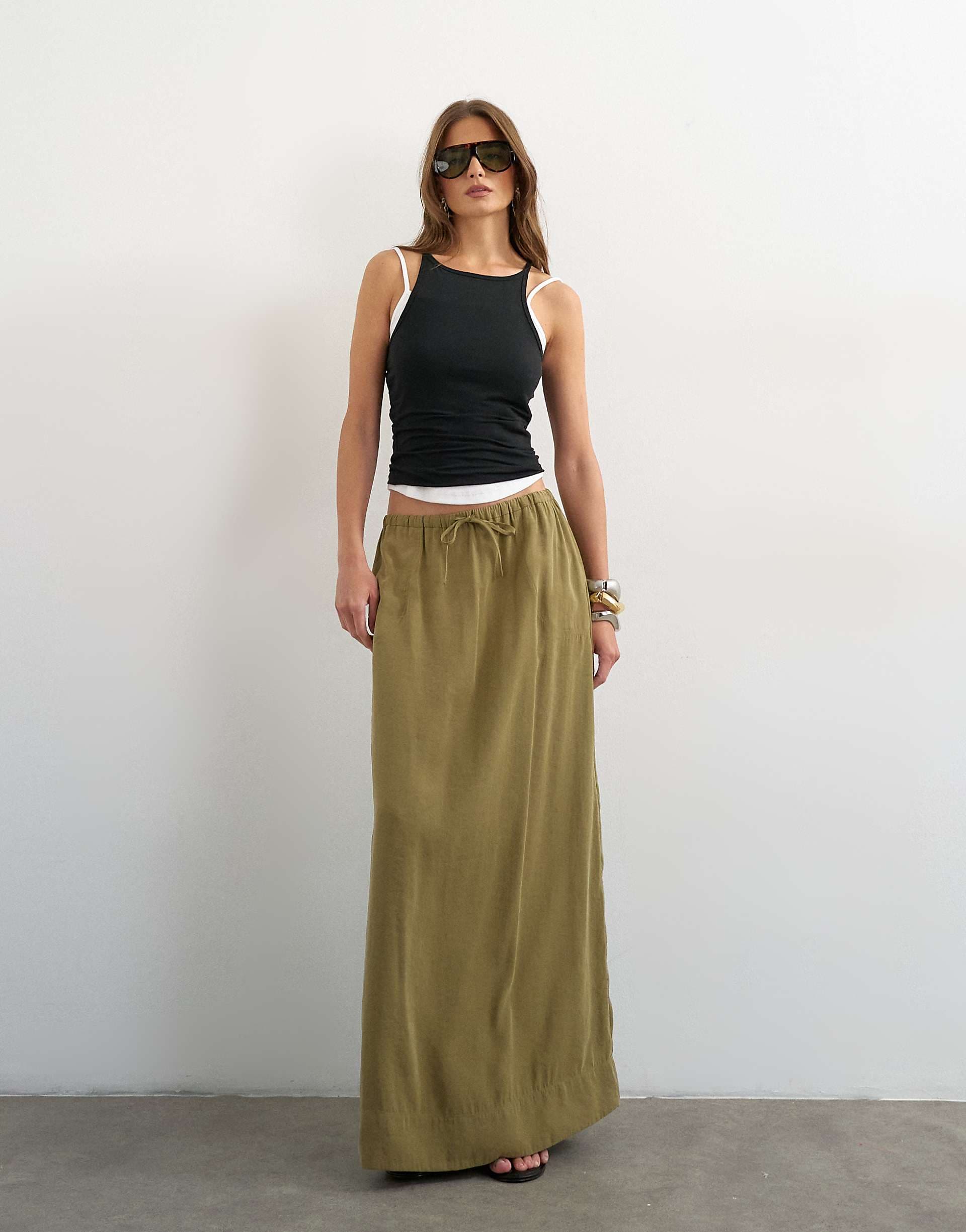 Topshop tie waist slouchy slim maxi skirt in olive
