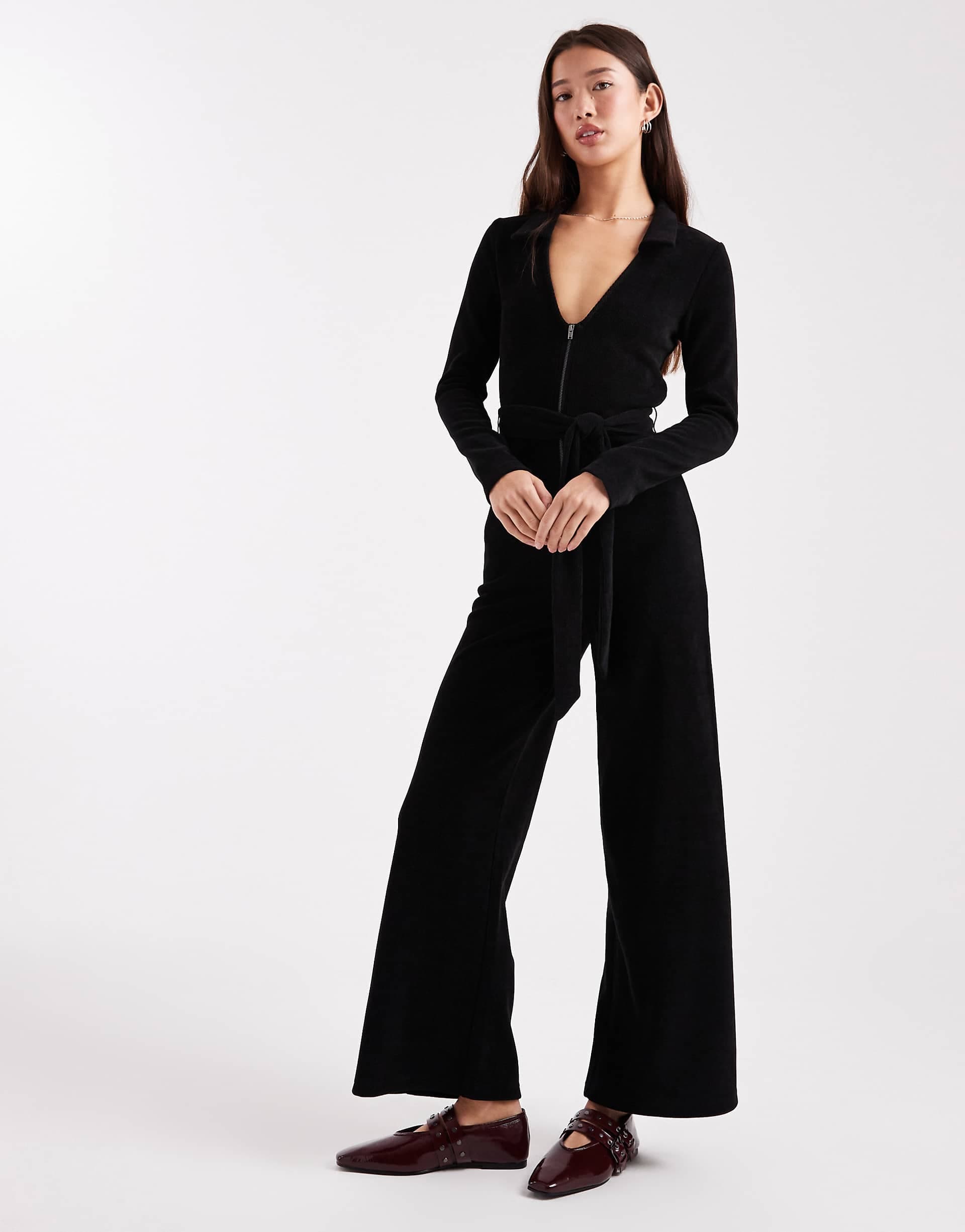 ASOS DESIGN cord zip collared wide leg jumpsuit in black